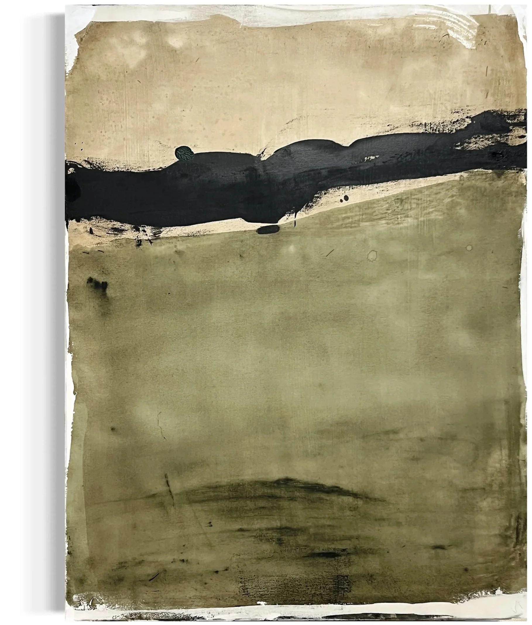 Abstract painting with beige, black, and greenish hues, featuring broad, textured brushstrokes and irregular edges.