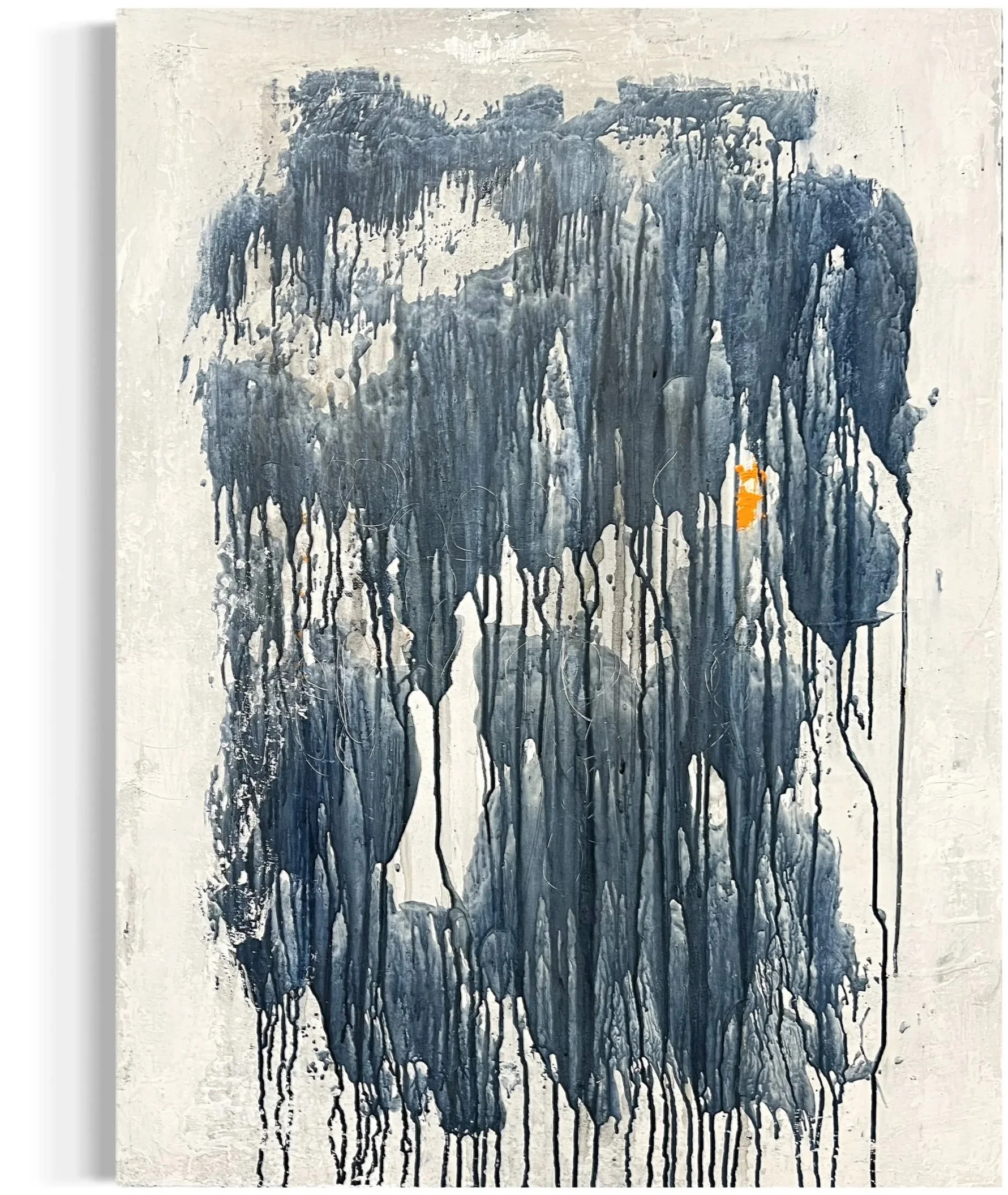 Abstract painting with dark blue and black paint drips on a white textured background.