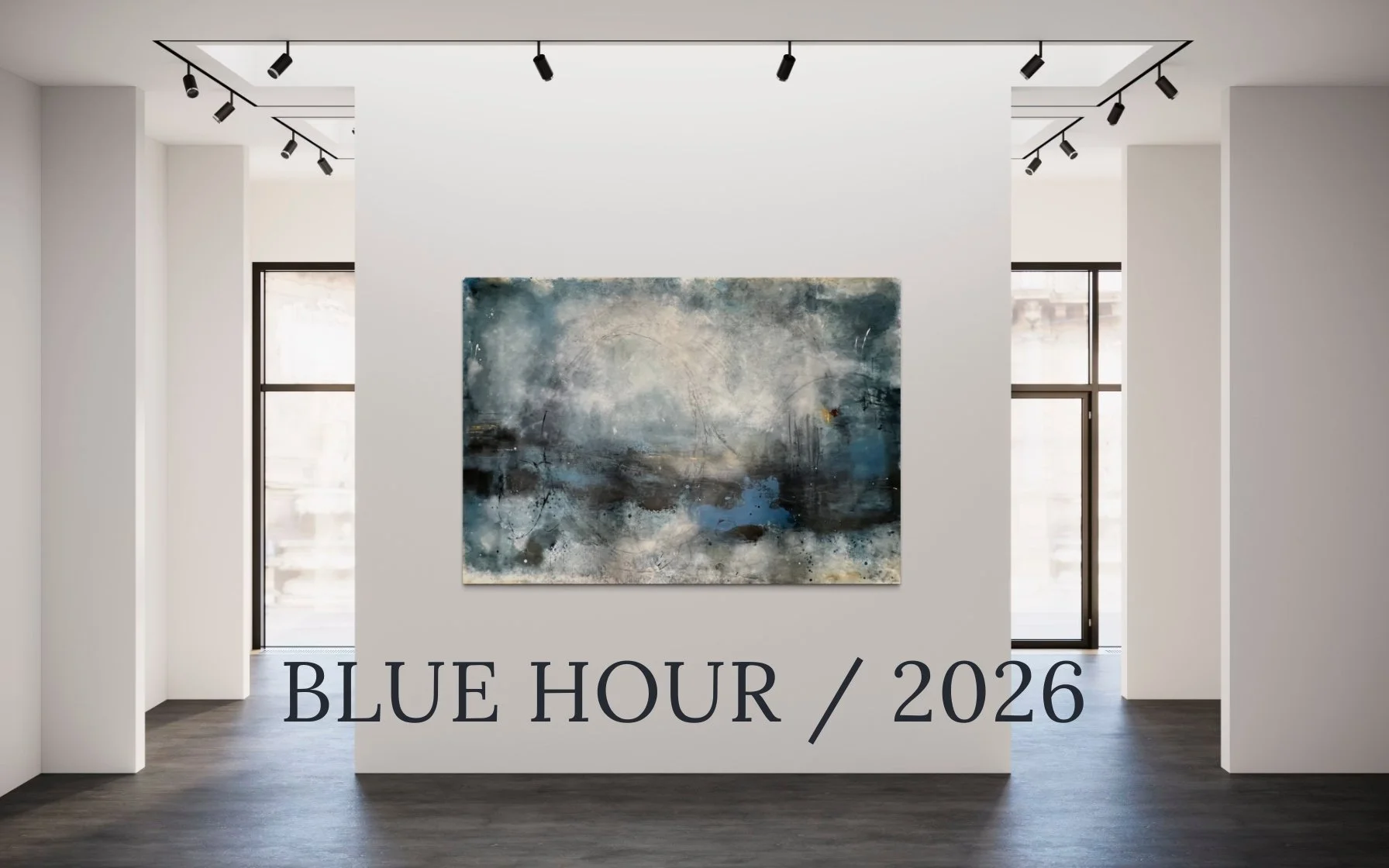 Art gallery with a large abstract painting on a white wall, black track lighting overhead, and natural light from tall windows.