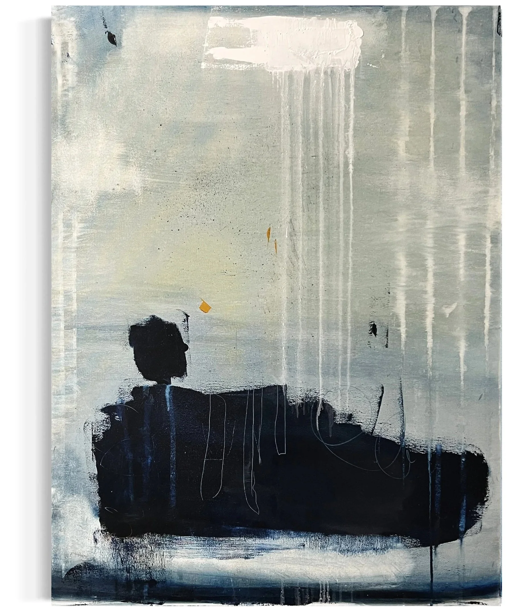 Abstract painting with black, white, and gray tones, featuring vertical streaks and textured brushstrokes.