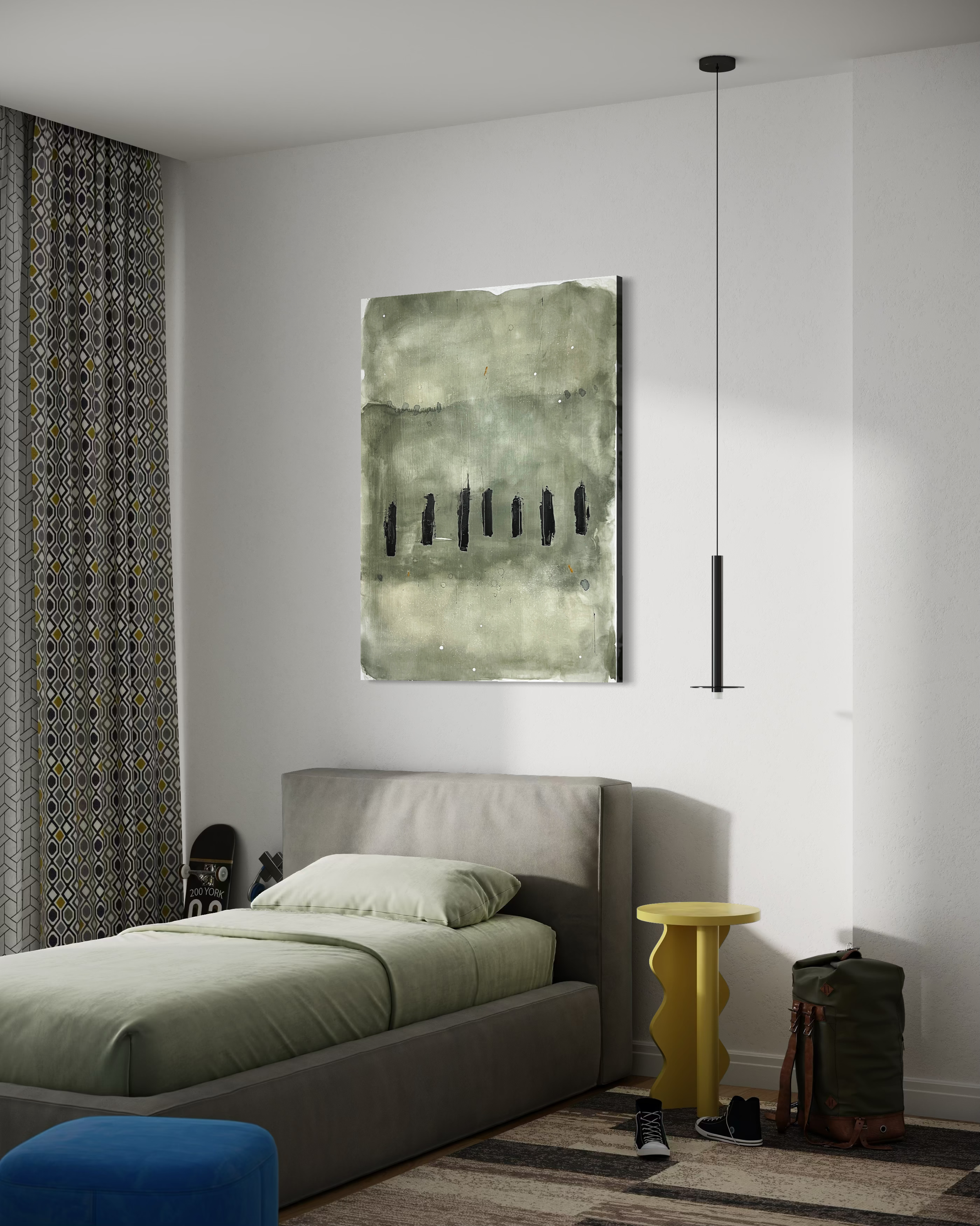 A bedroom featuring a large bed with green bedding, a yellow side table, a backpack and shoes on the floor, and wall decor including a large abstract green painting and patterned curtains.