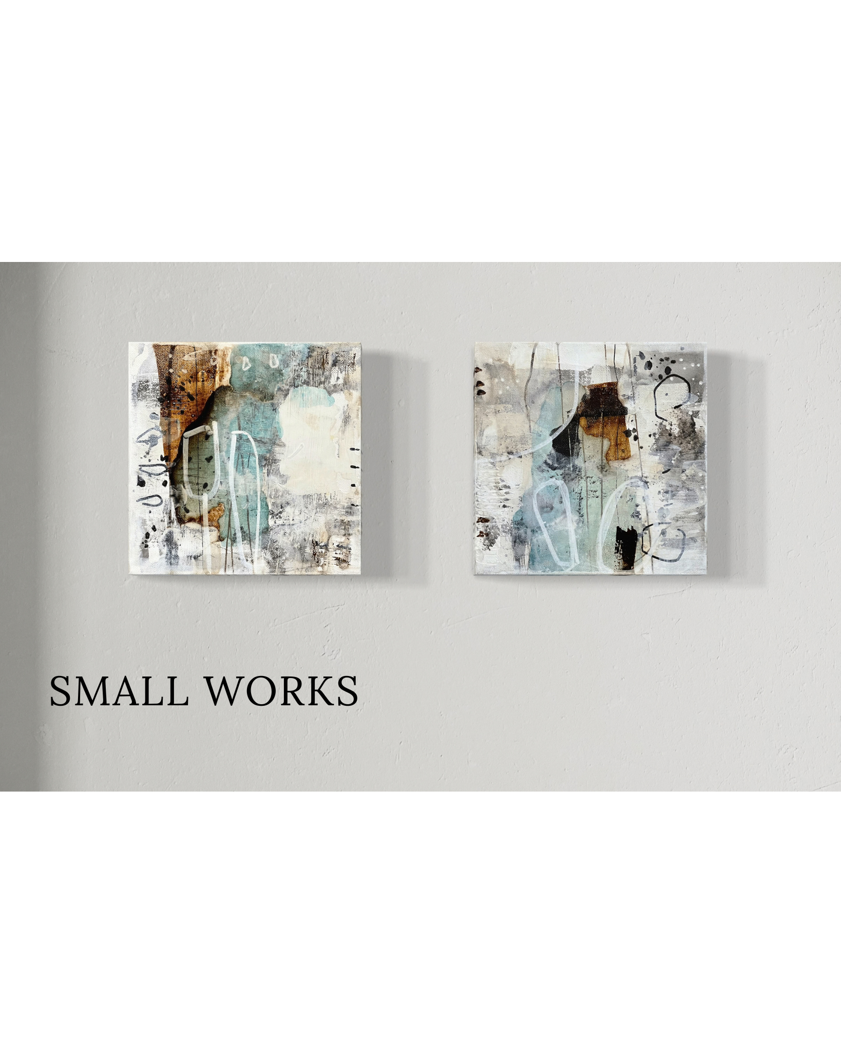 Two abstract art paintings mounted on a white wall with the words 'Small Works' written in black lowercase text on the bottom left corner.