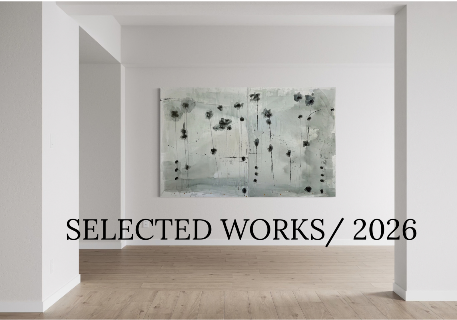An art gallery with a single abstract painting featuring black spots and thin lines on a light background. The text "SELECTED WORKS / 2026" is overlaid on the bottom of the image.