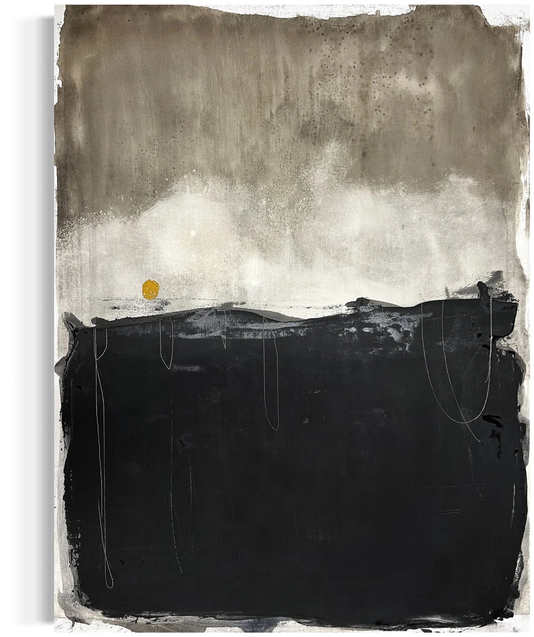 Abstract mixed media artwork featuring a large black rectangle at the bottom and textured beige and gray upper sections, with a small yellow circle near the bottom left and various white thread-like lines across the dark area.