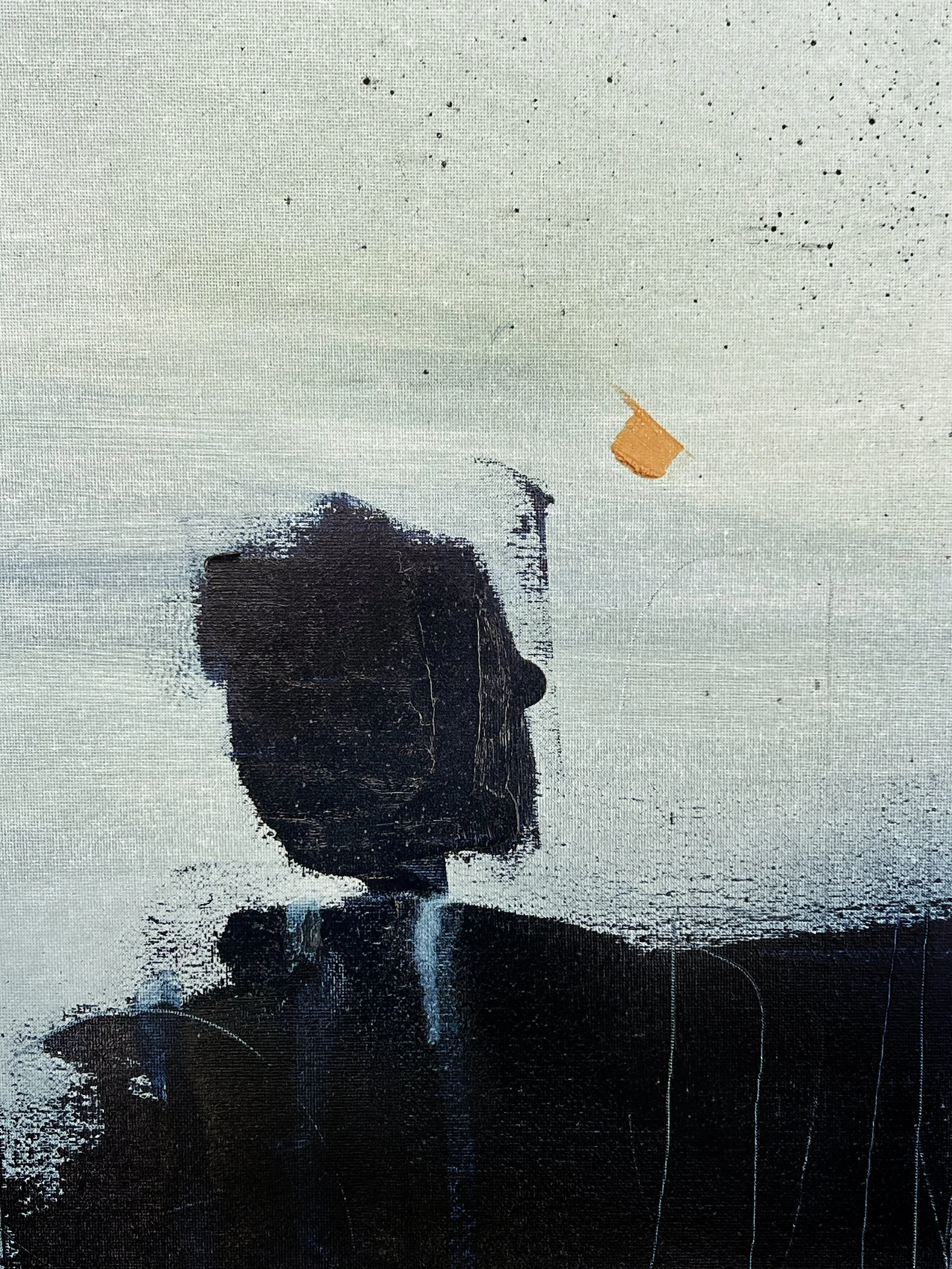 A silhouette of a person with curly hair and a person with straight hair are sitting on a beach, looking at the ocean, with a cloudy sky above.