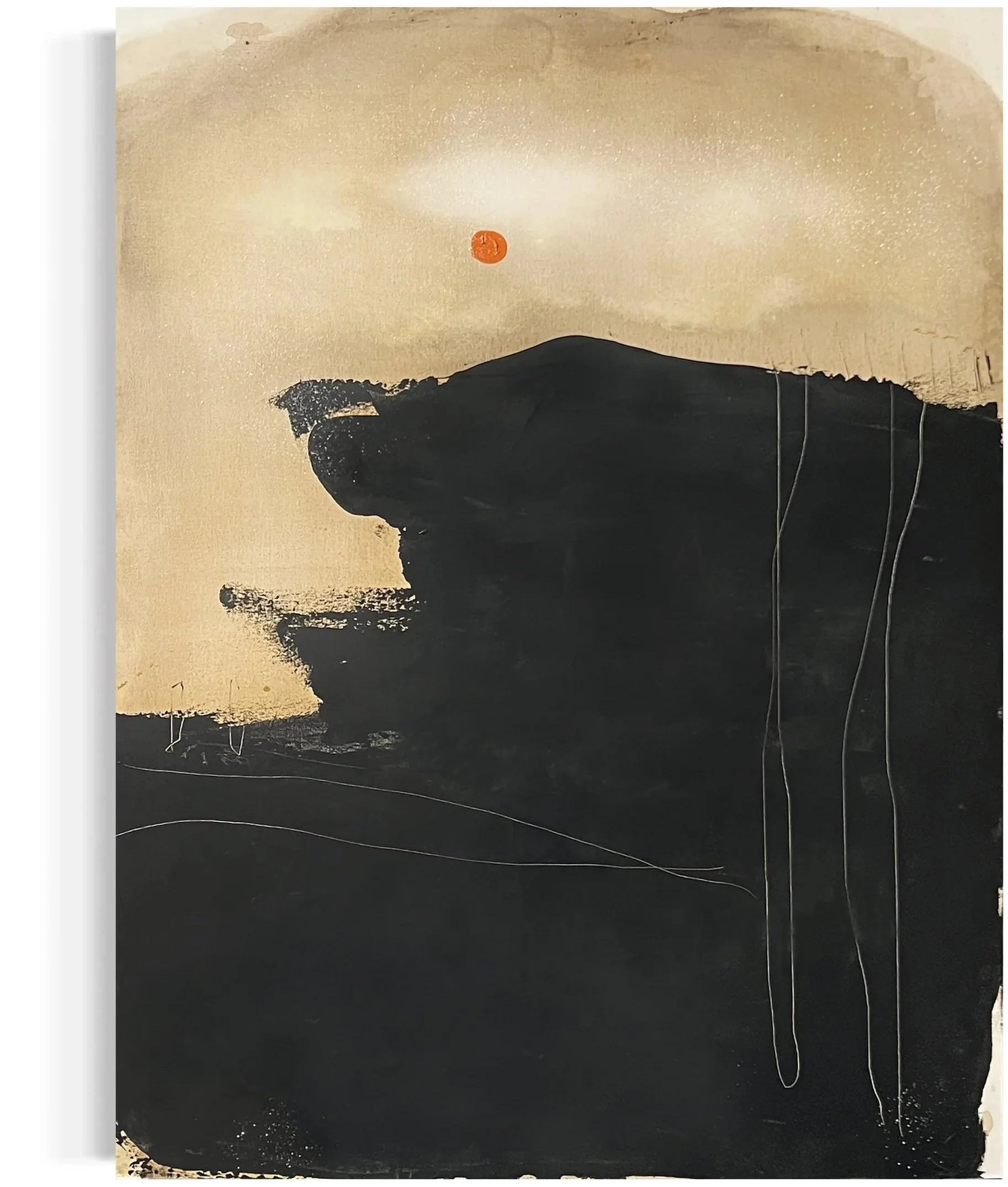 A minimalist landscape painting with a beige sky, a bright red sun, a dark mountain silhouette, and a reflective body of water at the bottom with white and black strokes.