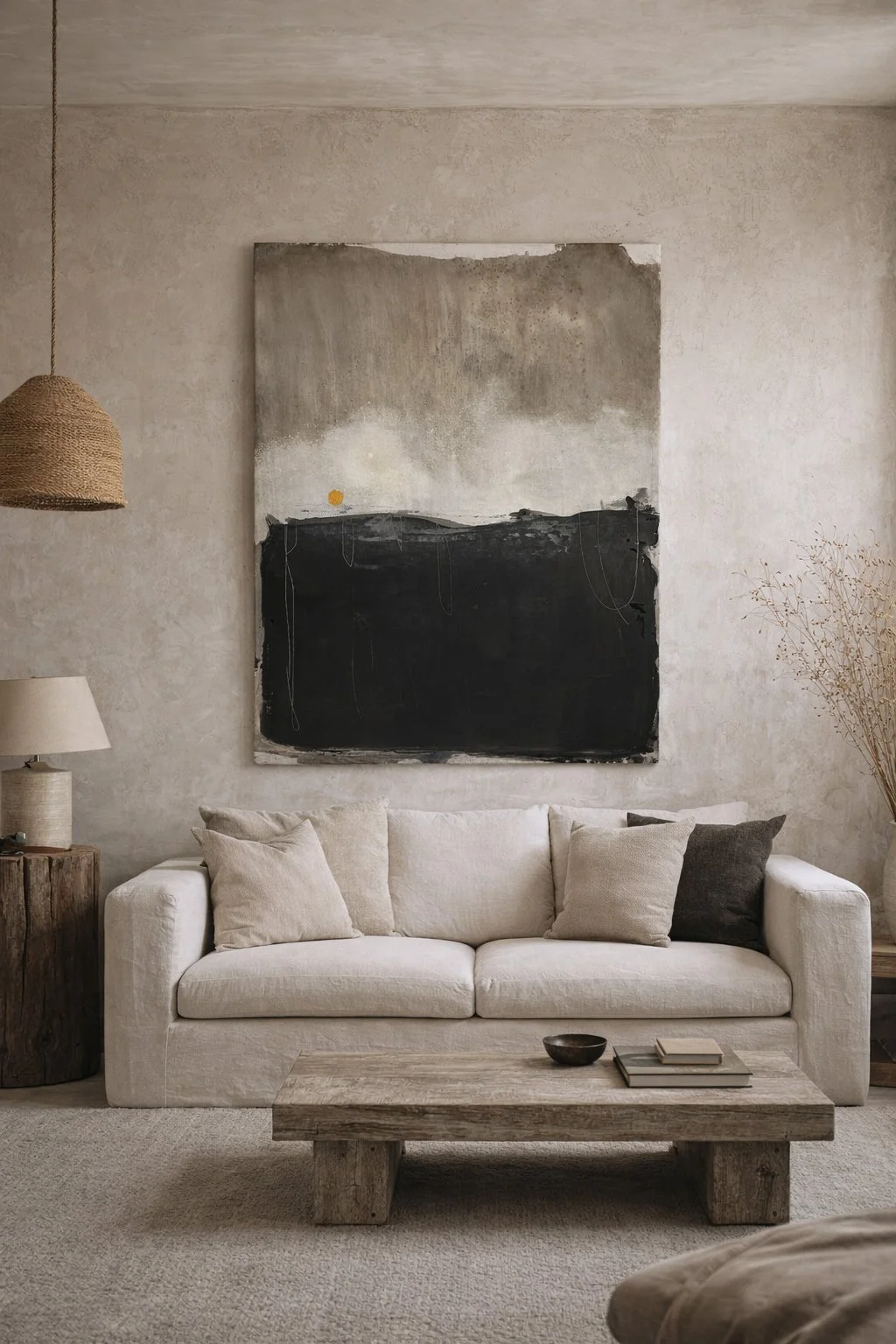 Living room with beige sofa, abstract black and gray artwork on wall, wooden side table with lamp, wooden coffee table with books and bowl, and dried plants in corner.