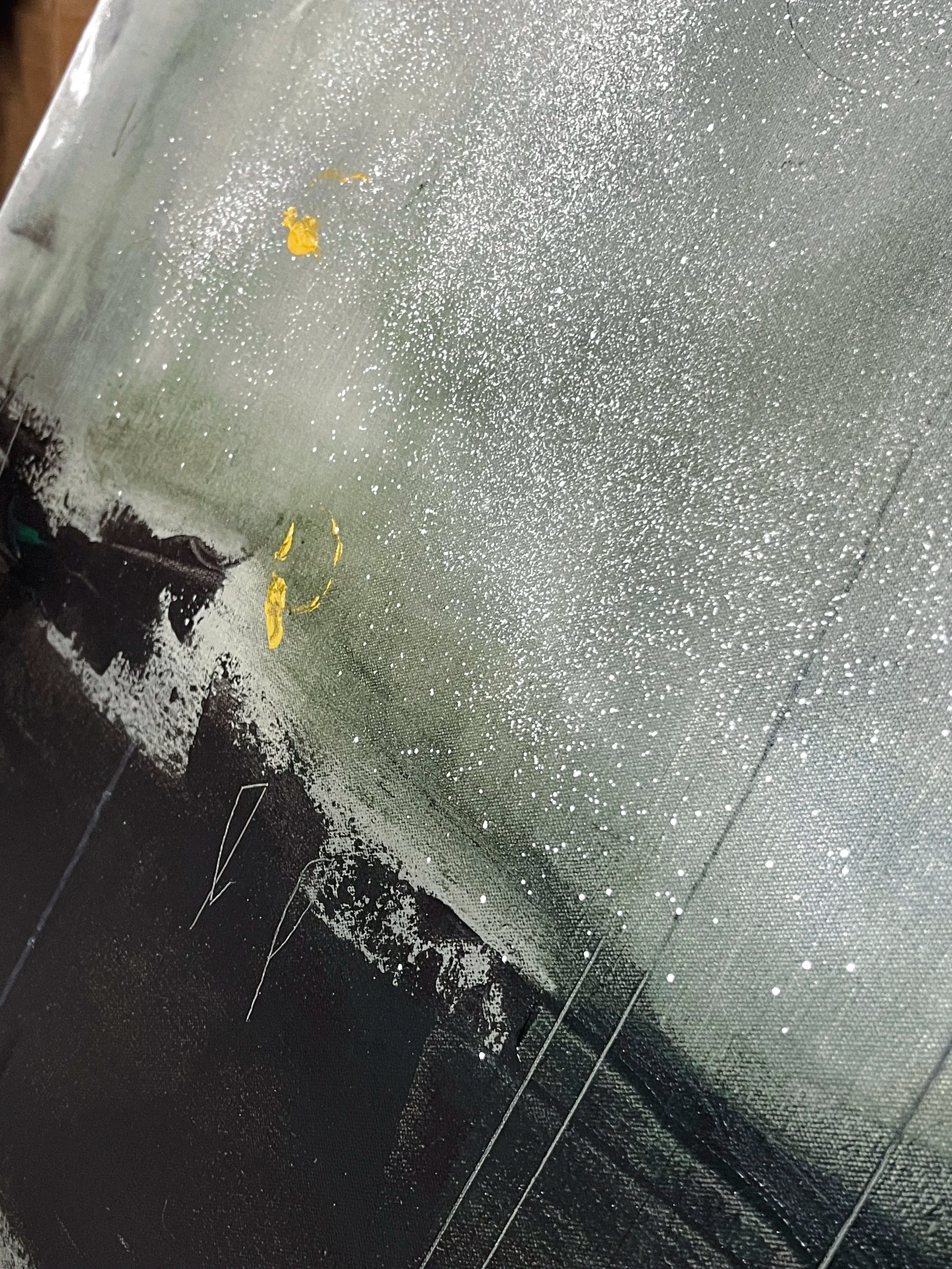 A black oven cooktop with a layer of spilled white powder or flour and some yellow food remnants with grease or oil stains.