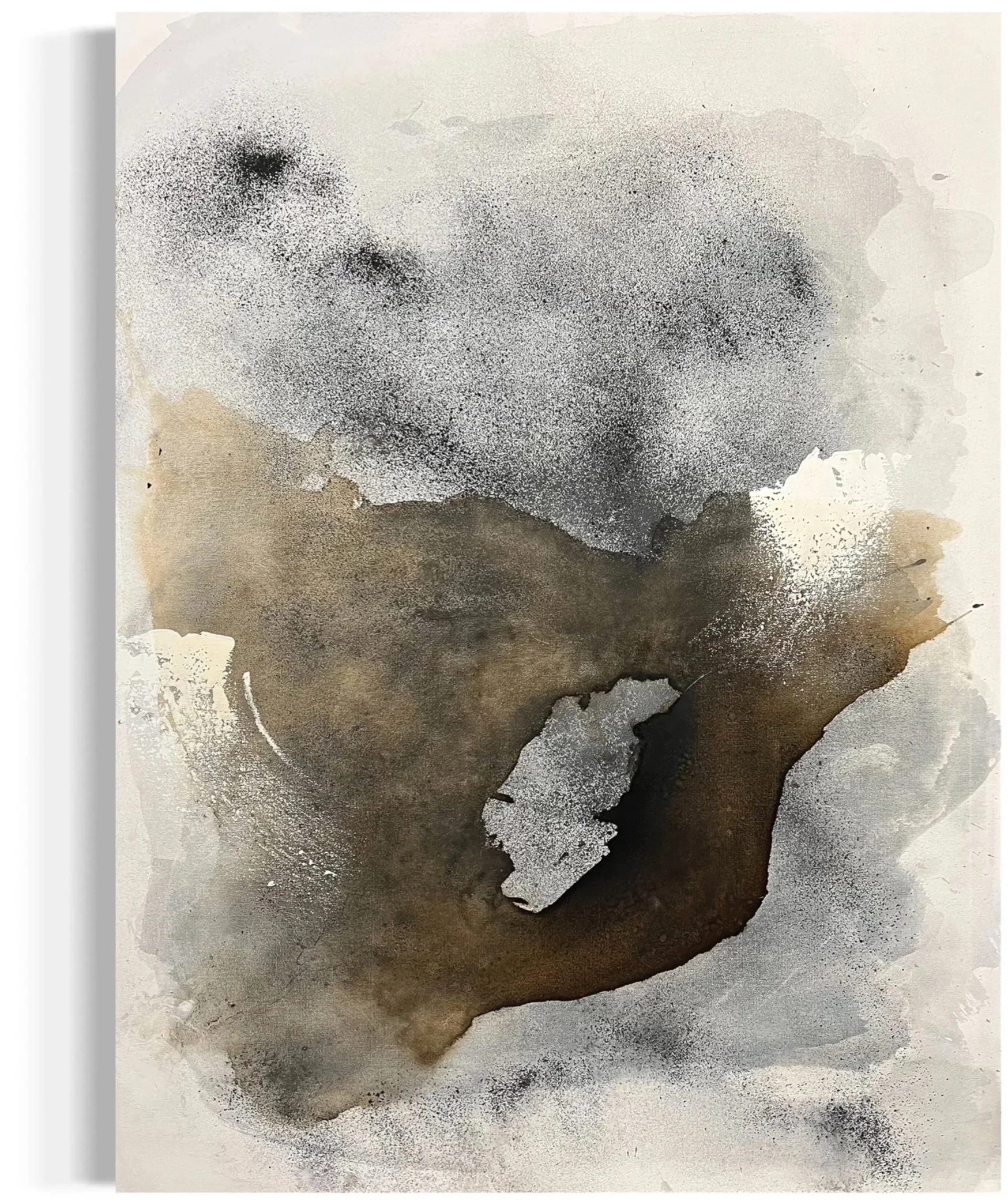 Abstract watercolor artwork with diffused black ink splatters and earthy tones, creating organic shapes and textures.