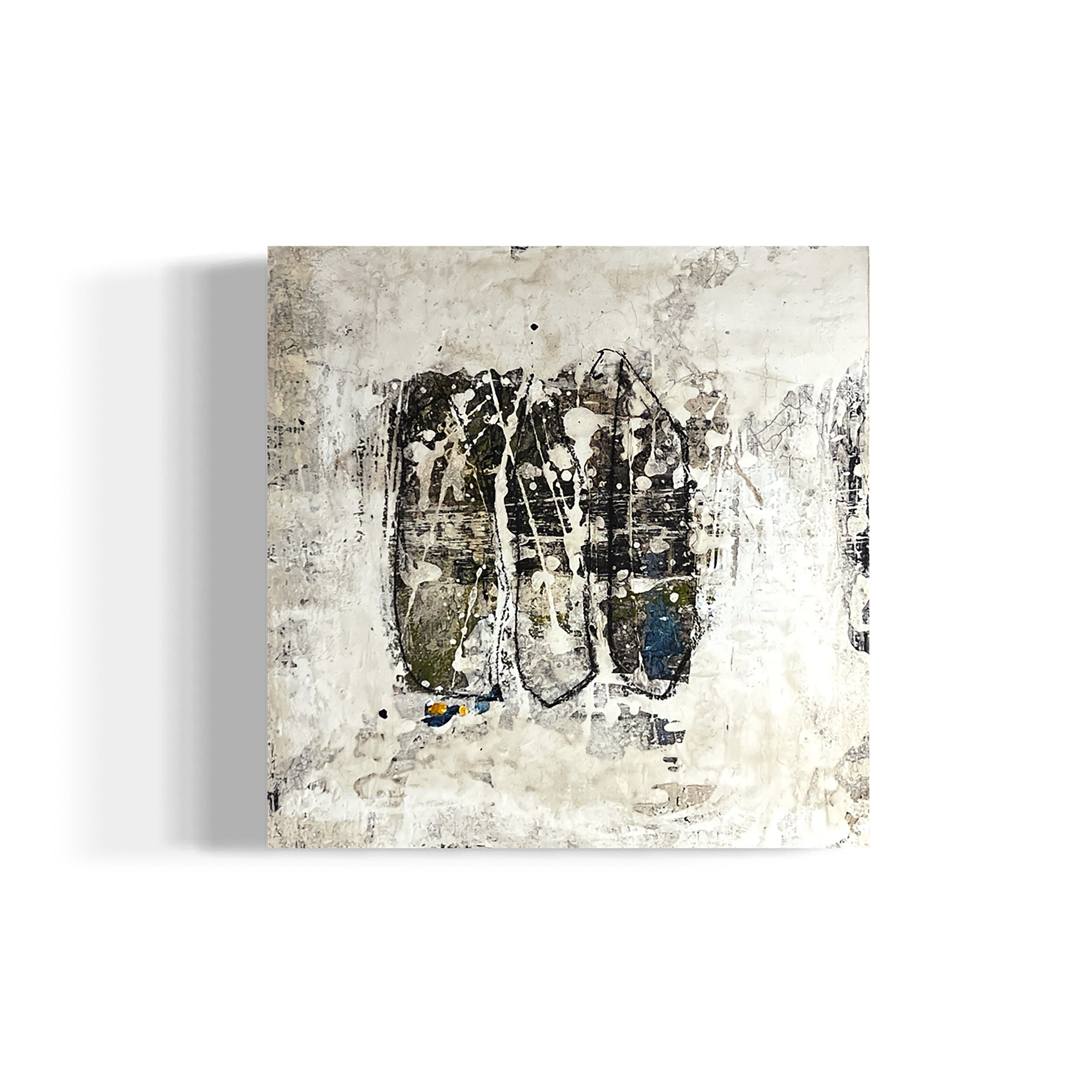 Abstract acrylic painting Through the Mist by contemporary artist Helena Palazzi, with layered textures and muted tones evoking themes of memory and introspection.