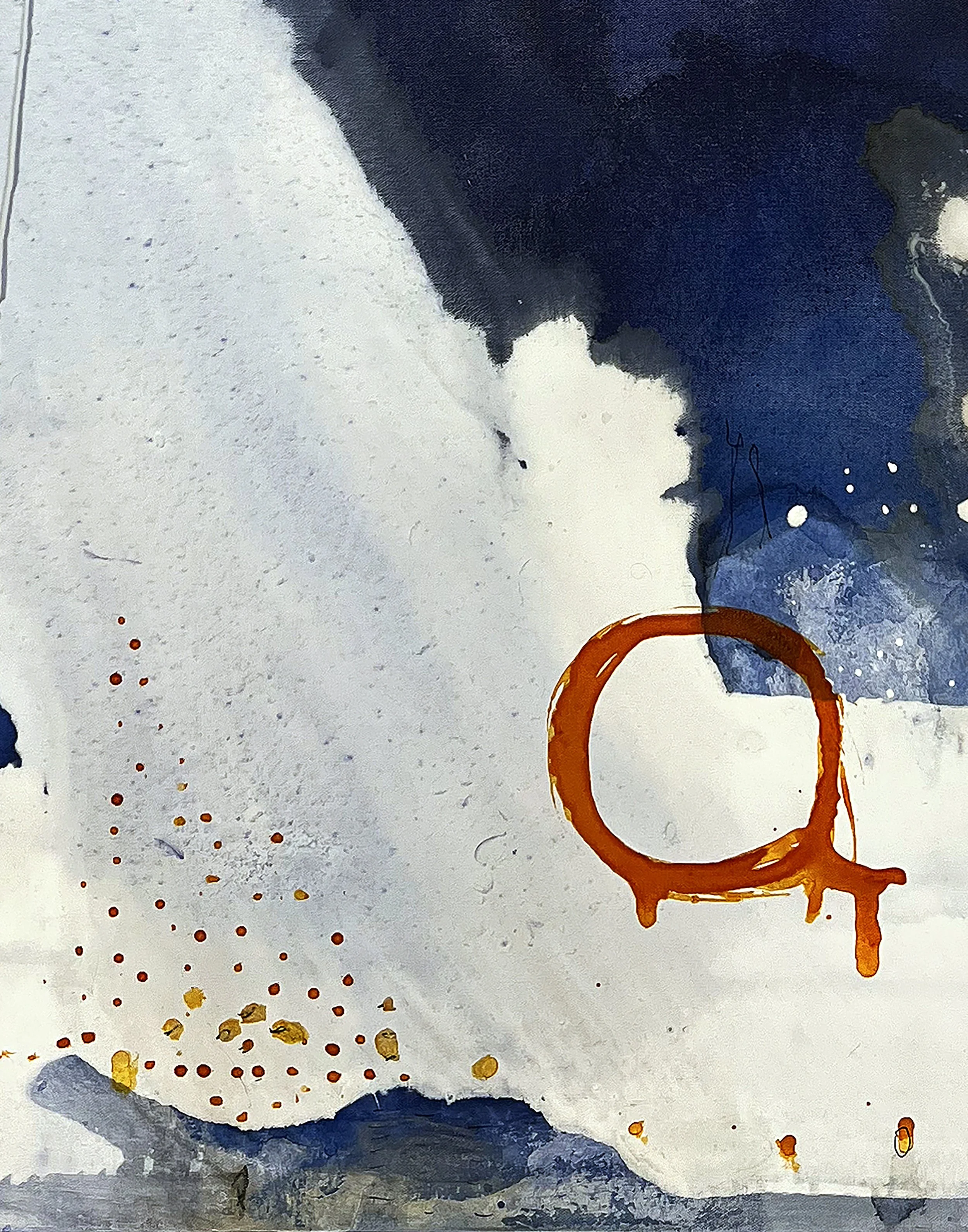 Abstract watercolor painting with white, blue, black, and orange hues, including splatters and circular shapes.
