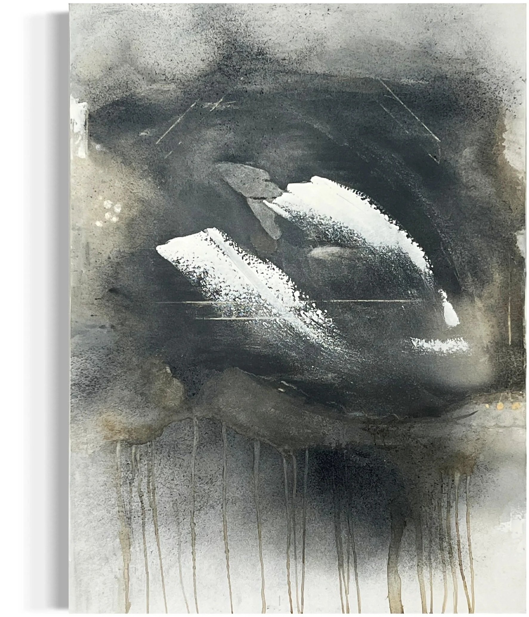 Abstract watercolor painting with gray, black, and white tones and vertical drips.