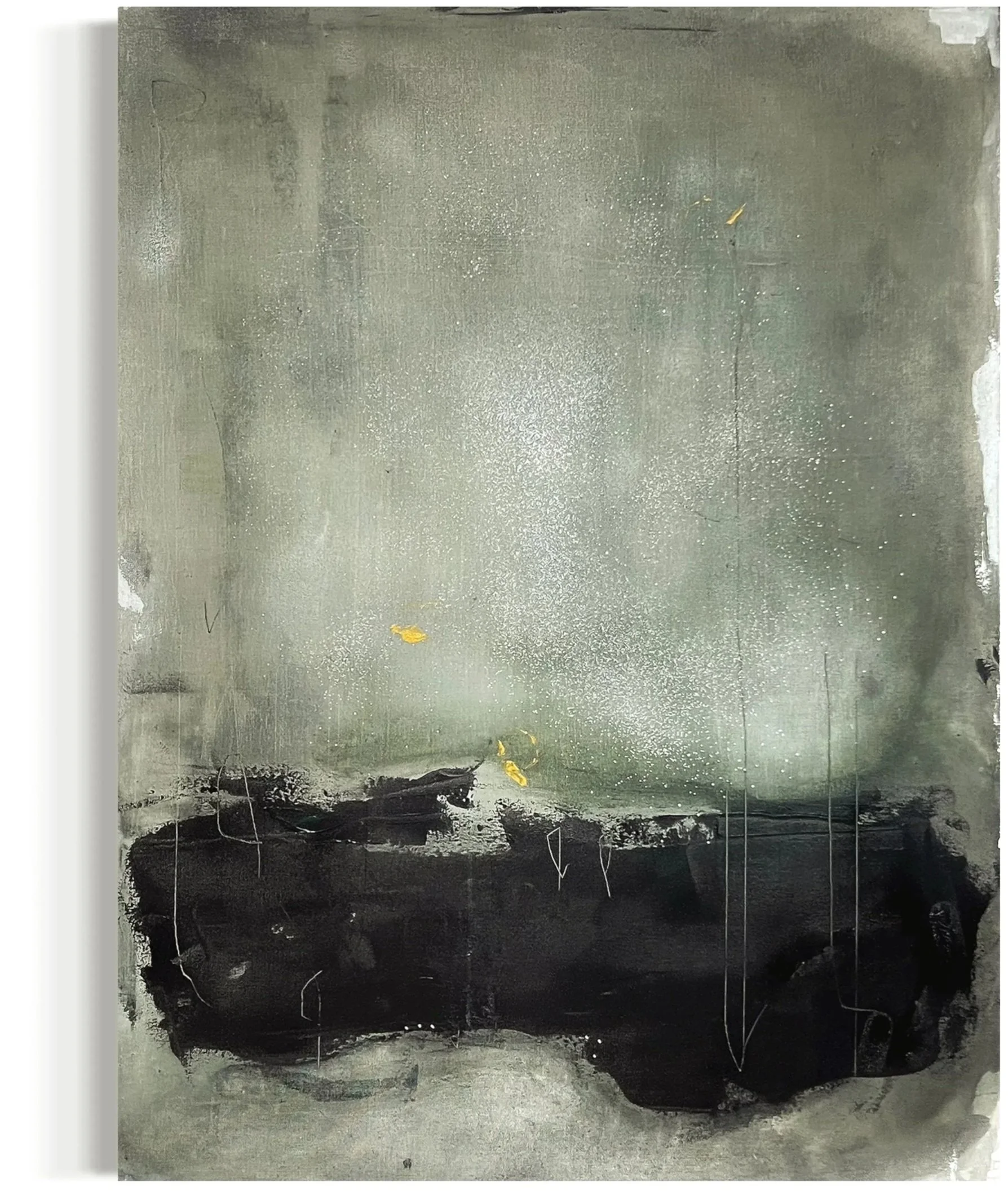 A wall with two distinct sections. The upper part is painted a grayish color with some imperfections and scribbles, while the bottom part is painted black with visible streaks, dripping paint, and some scattered yellow pieces of paper or debris.