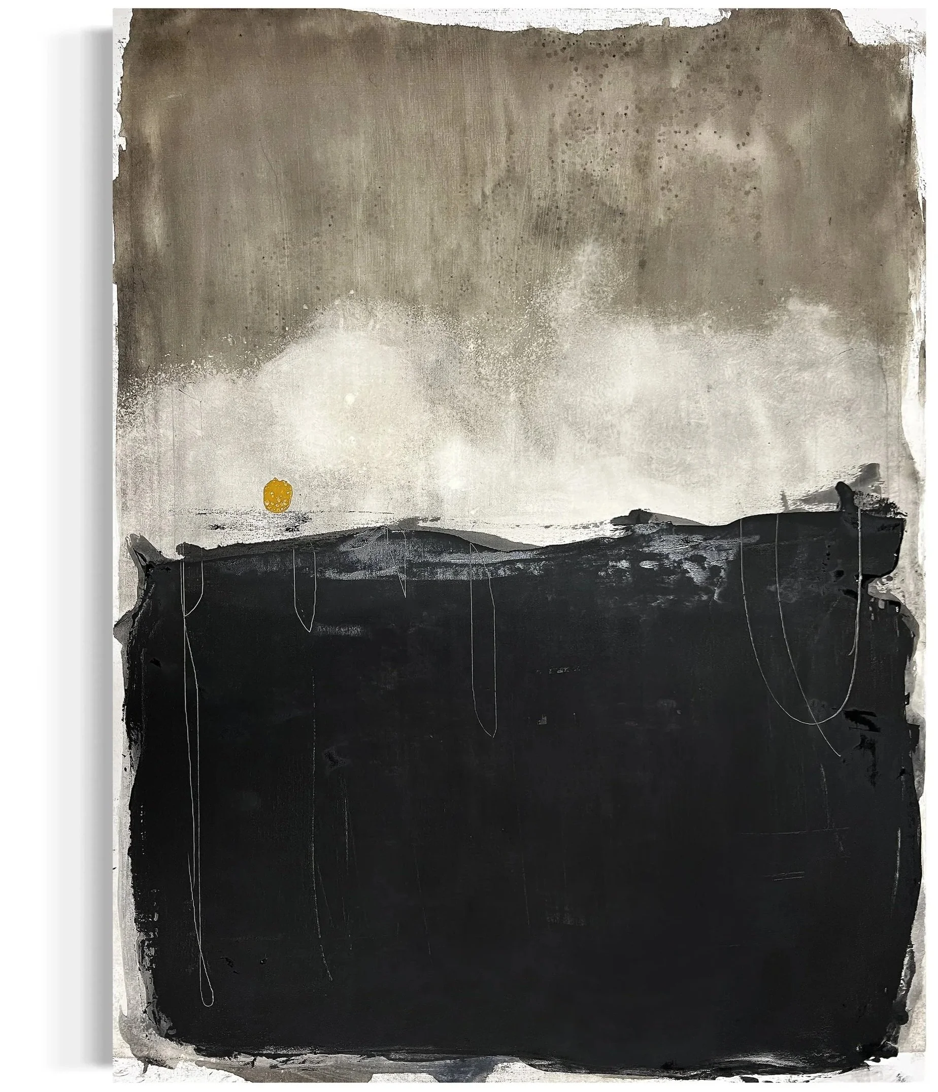 Abstract painting featuring a horizontal gradient from light gray at the top to black at the bottom, with visible brush strokes, drips, and splatters.