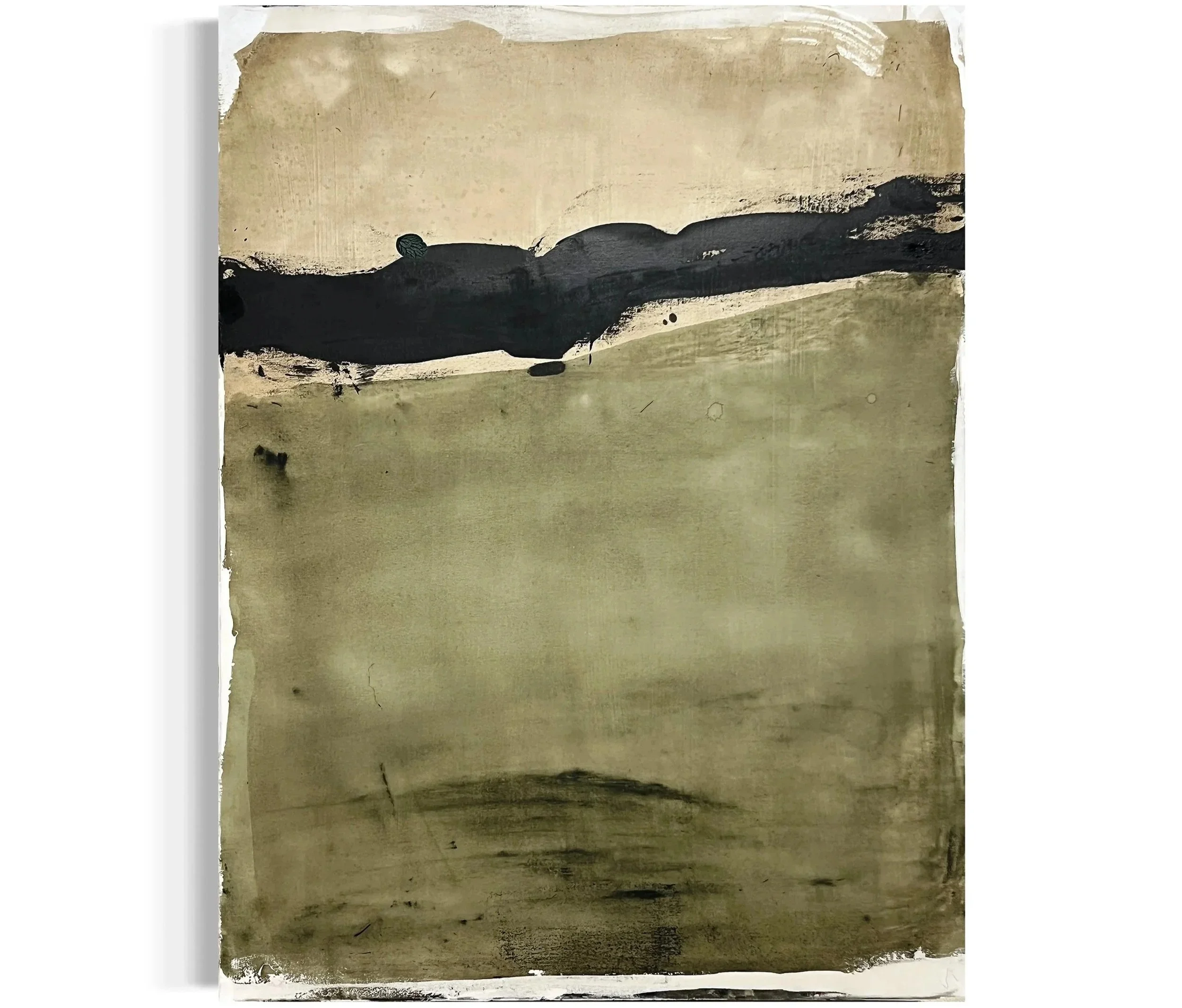 Abstract painting with beige background and black brushstroke.