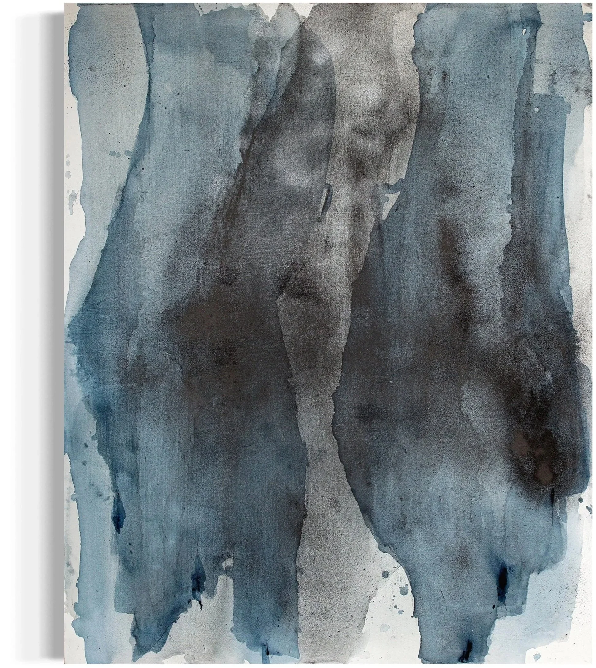 Watercolor painting with shades of blue, gray, and black depicting a landscape of mountains or cliffs in an abstract style.