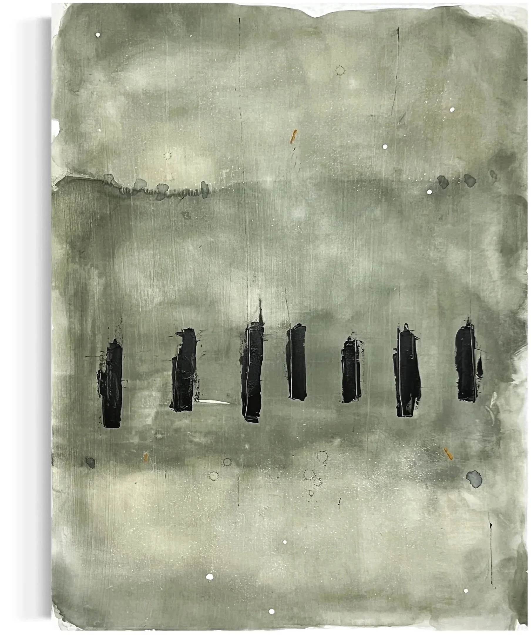 An illustration of a city skyline with tall buildings reflected in a body of water, painted in shades of gray and black.