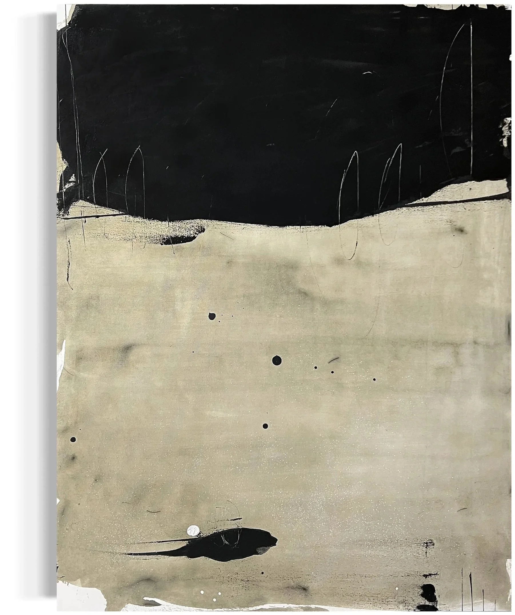 Abstract artwork with black and gray tones, featuring streaks, splatters, and irregular black shapes on a textured surface.