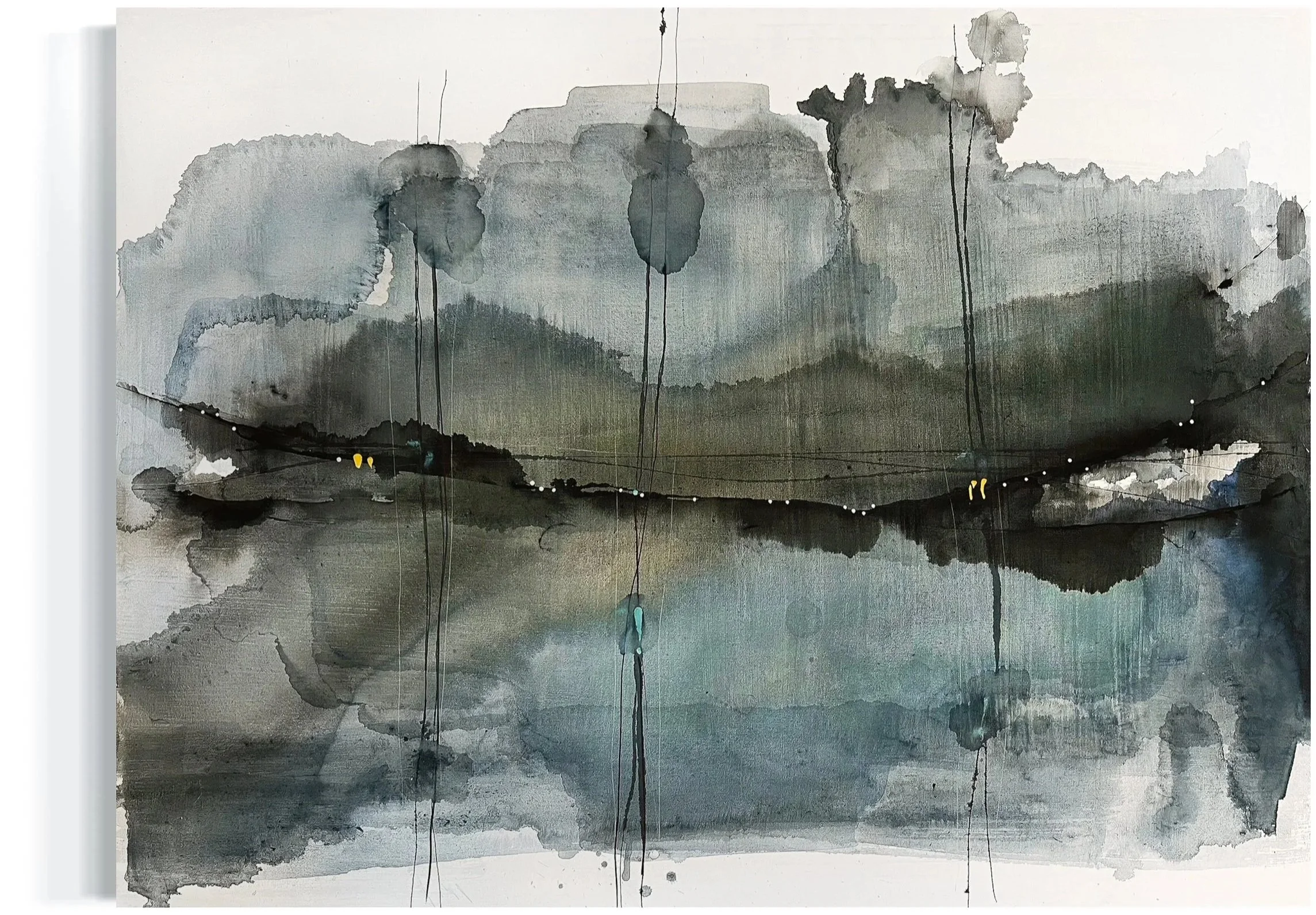 Abstract watercolor painting in shades of gray and black with streaks of blue and faint hints of green, featuring fluid, organic shapes and splashes.