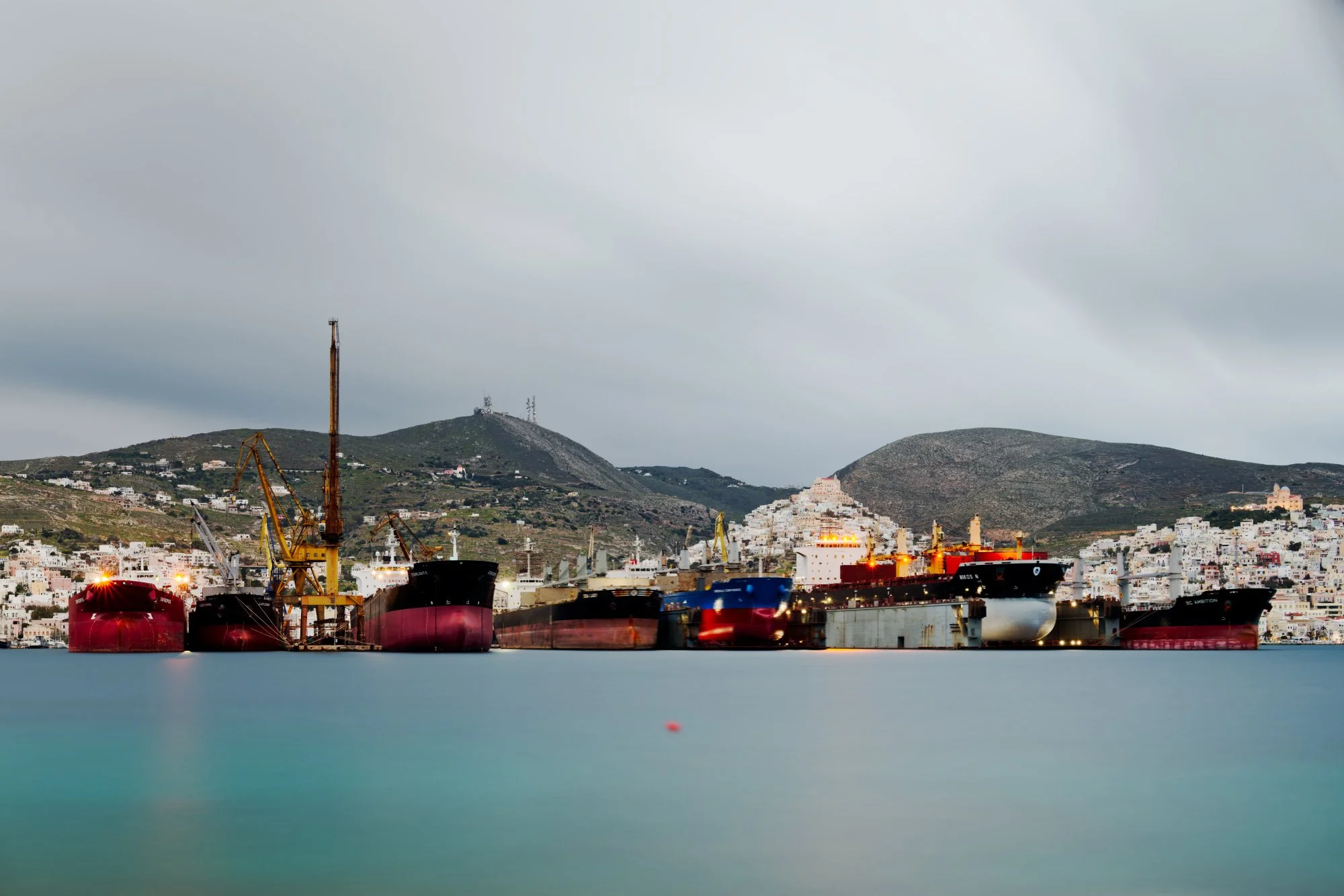 Shipyard at dusk, Syros Island, Greece.  Photograph by Douglas Seigars.