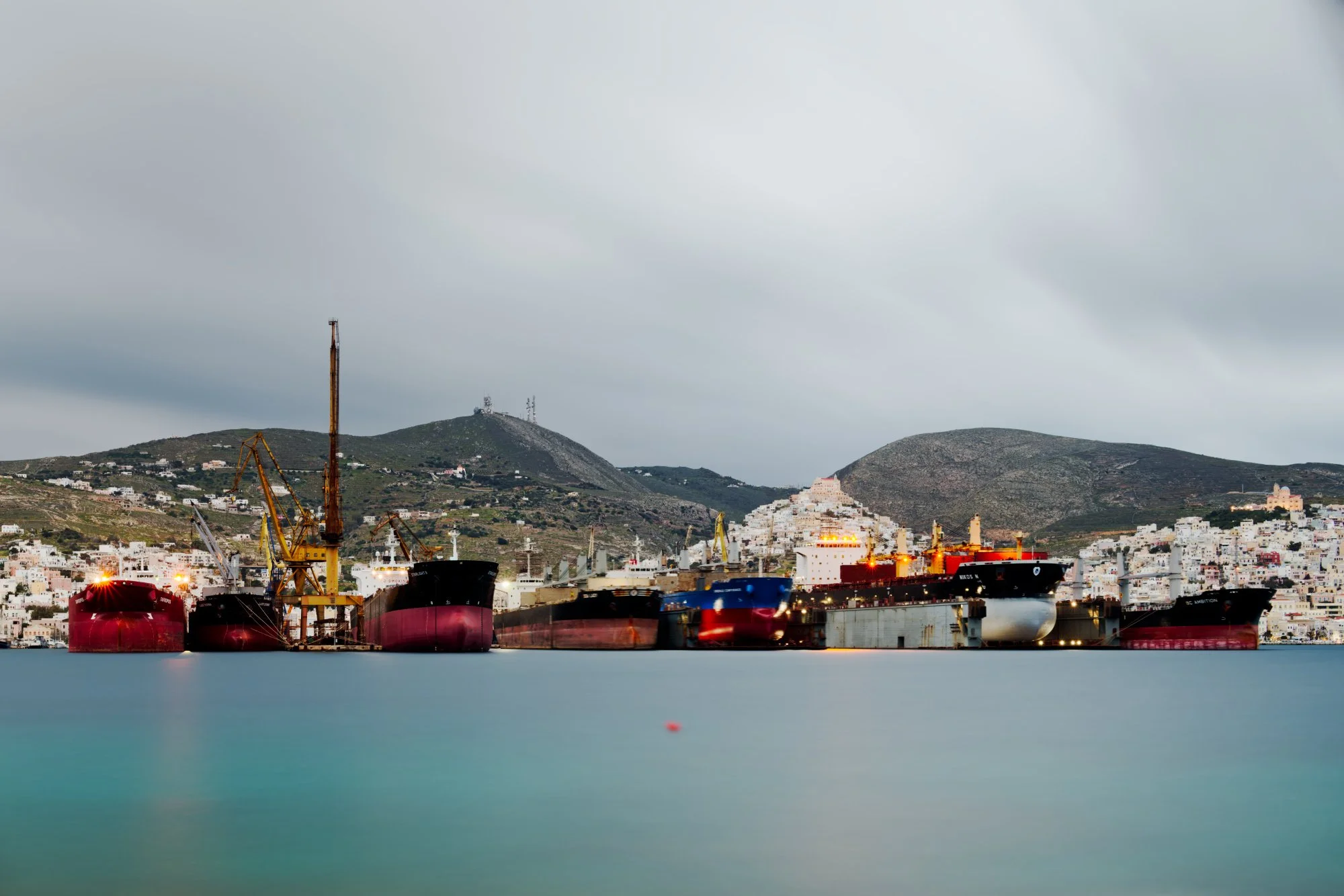 Shipyard at dusk, Syros Island, Greece.  Photograph by Douglas Seigars.