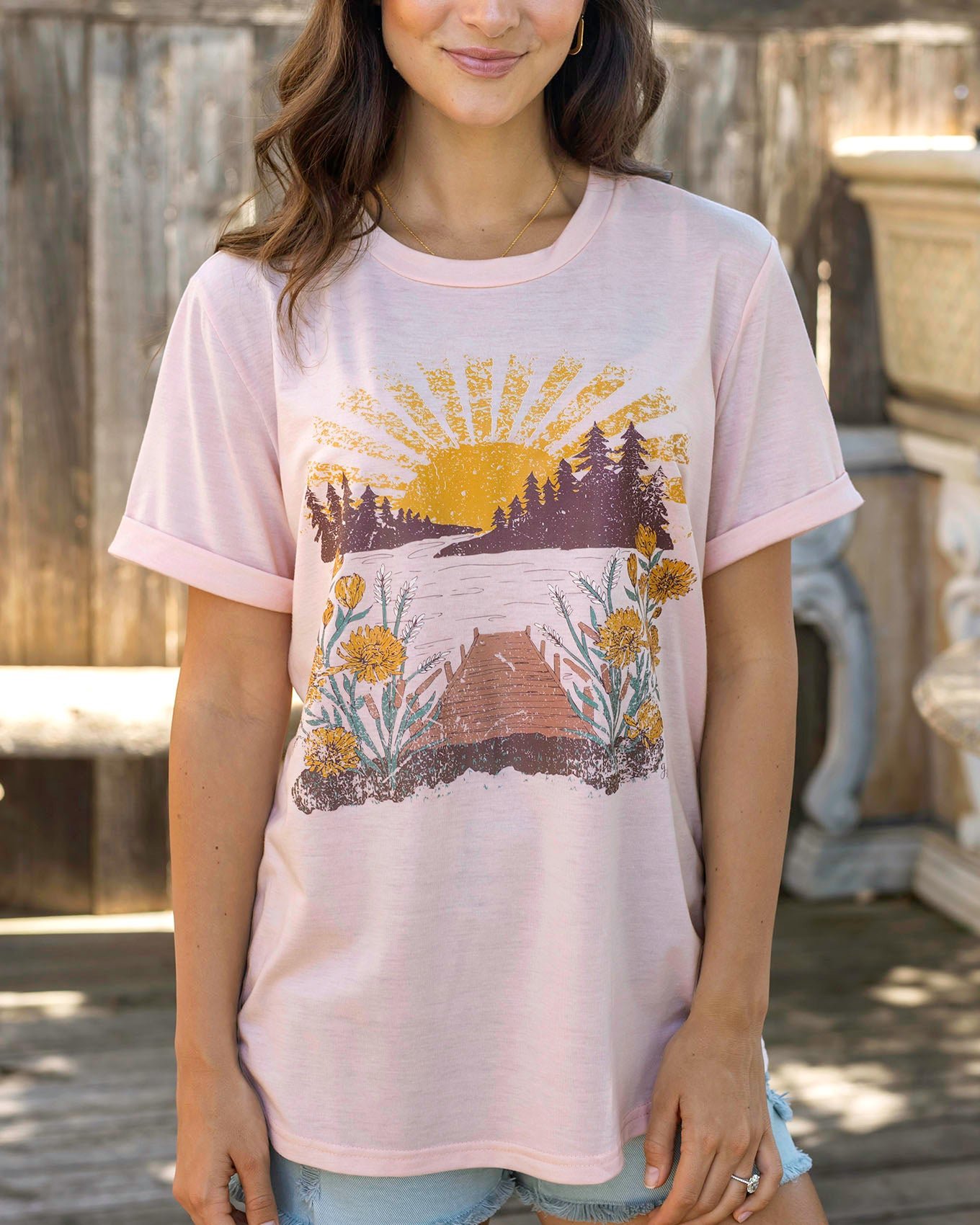 Grace & Lace Summer Nature Graphic Tee in Peach
