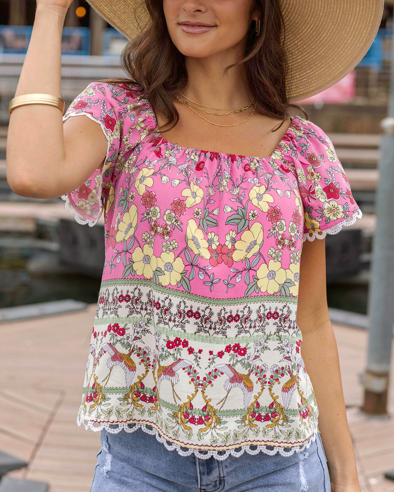 Grace & Lace Breezy Peasant Top in Border Print