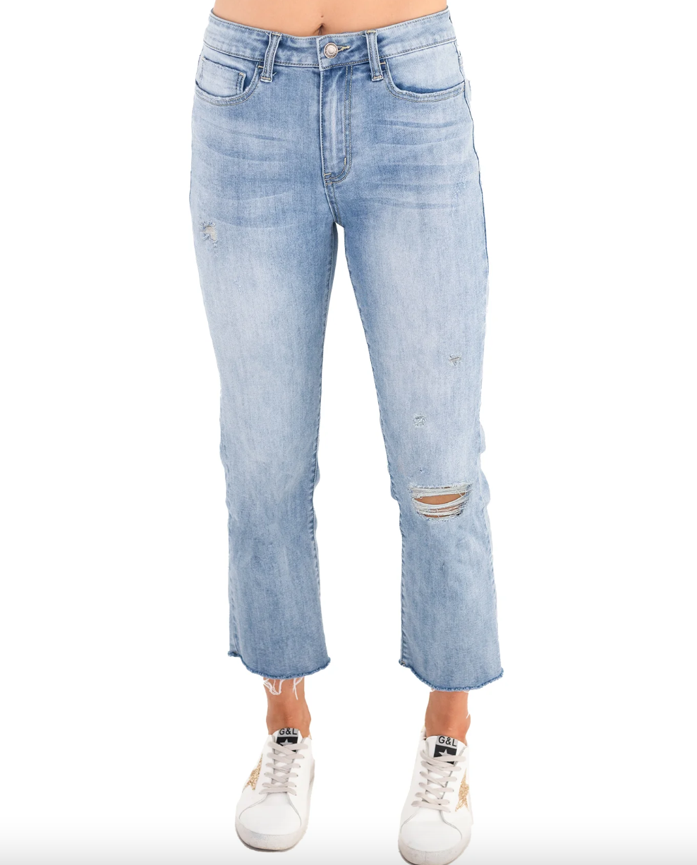 Grace & Lace Mel's Fave Straight Leg Cropped Denim Distressed Light Mid  Wash 2024 — 3 Sisters Boutique