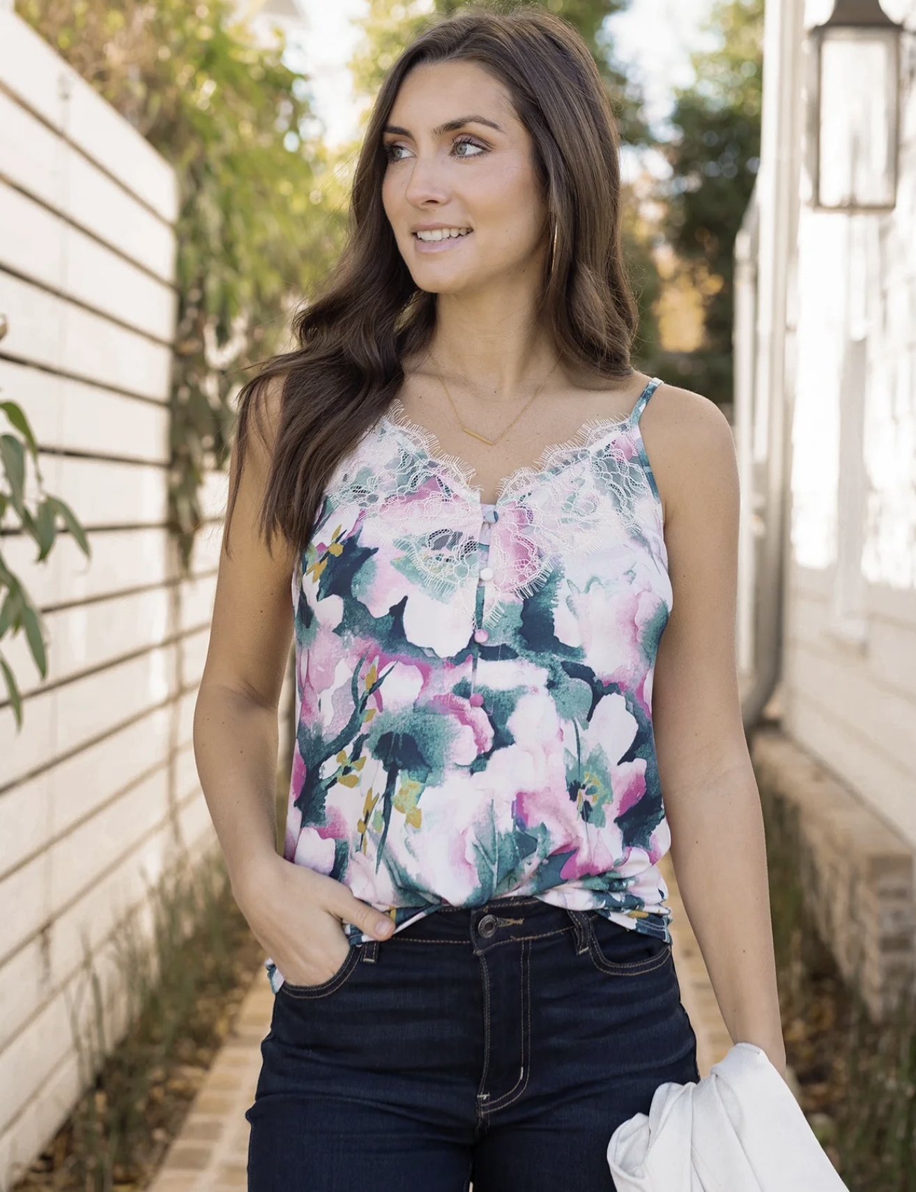 Grace & Lace Button Lace Trim Cami in Watercolor Floral