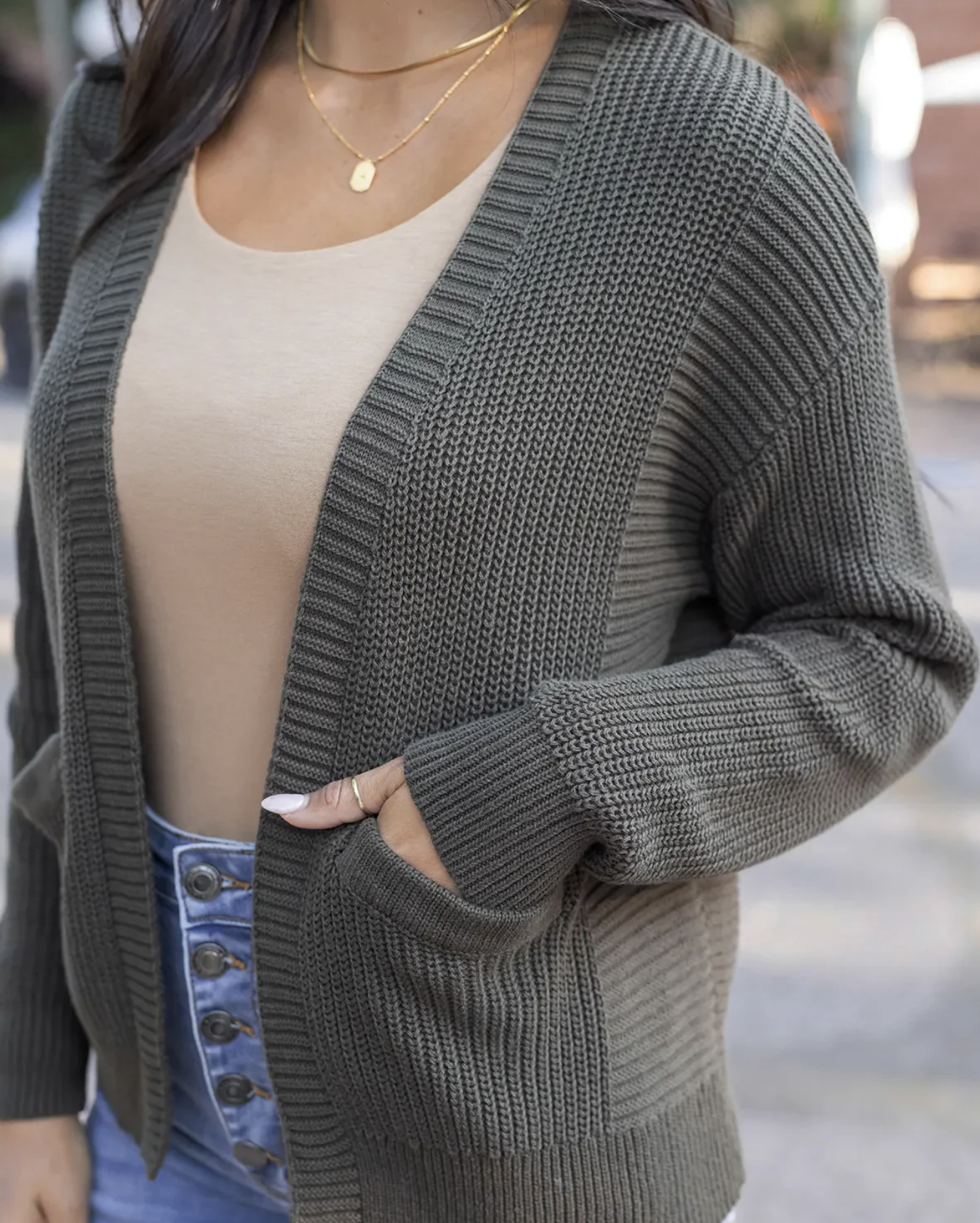 Grace & Lace Slouchy Knit Pocket Cardigan Deep Olive