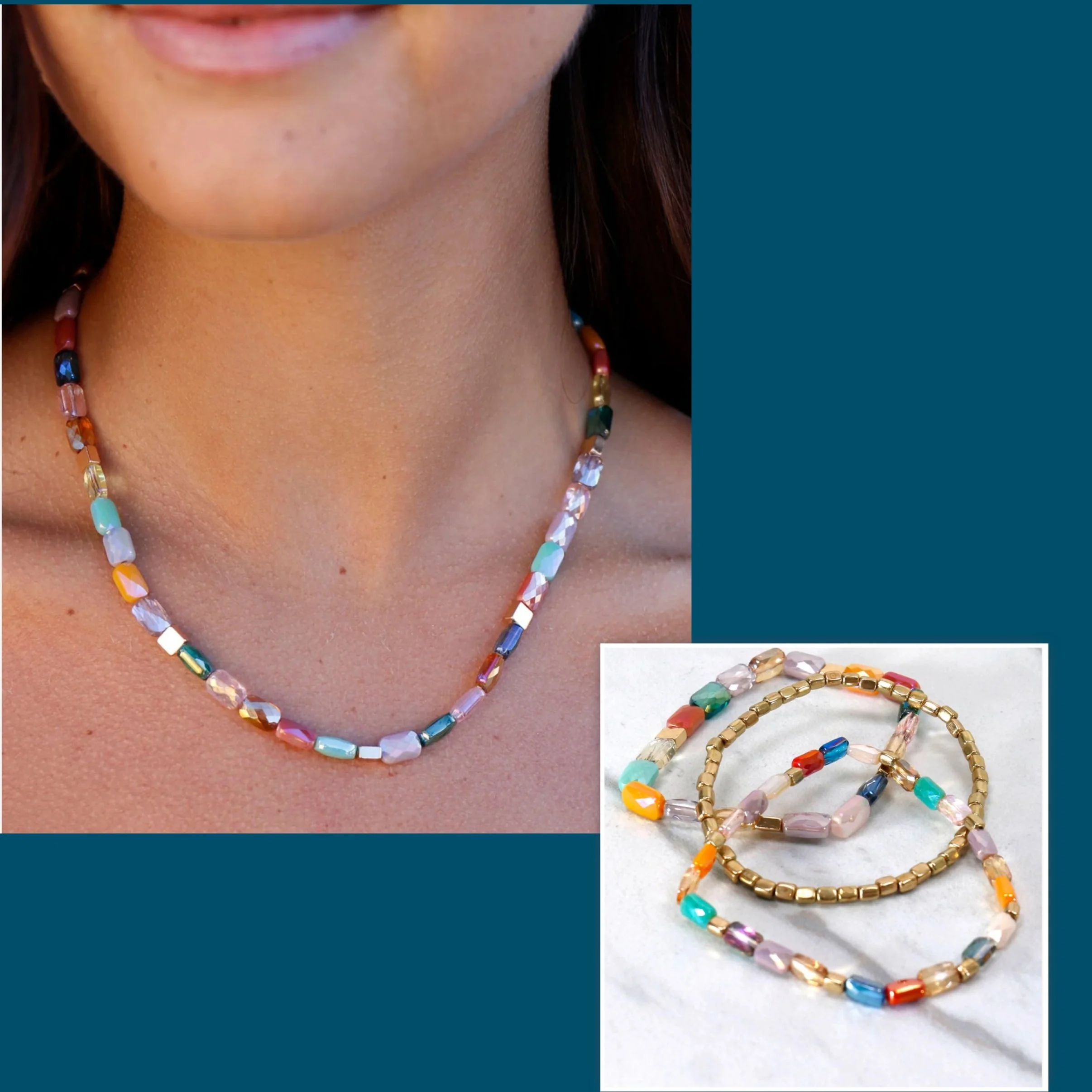 Grace & Lace Sea Glass Necklace and Bracelet Set in Multicolor