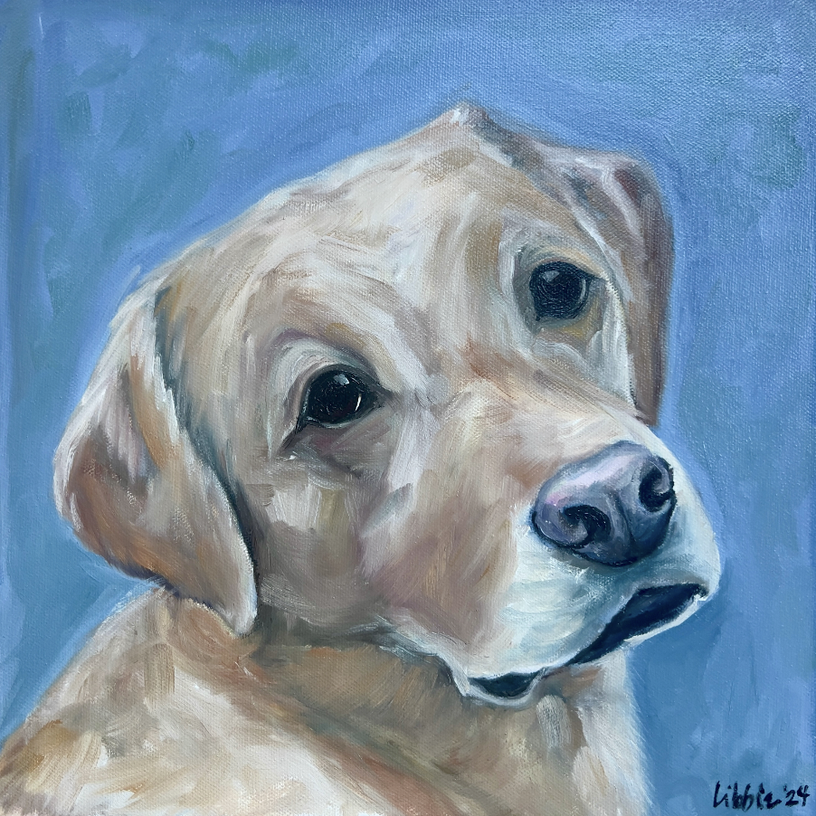 Original acrylic portrait of a yellow Labrador puppy with a soft blue background, painted from a treasured pet photograph.