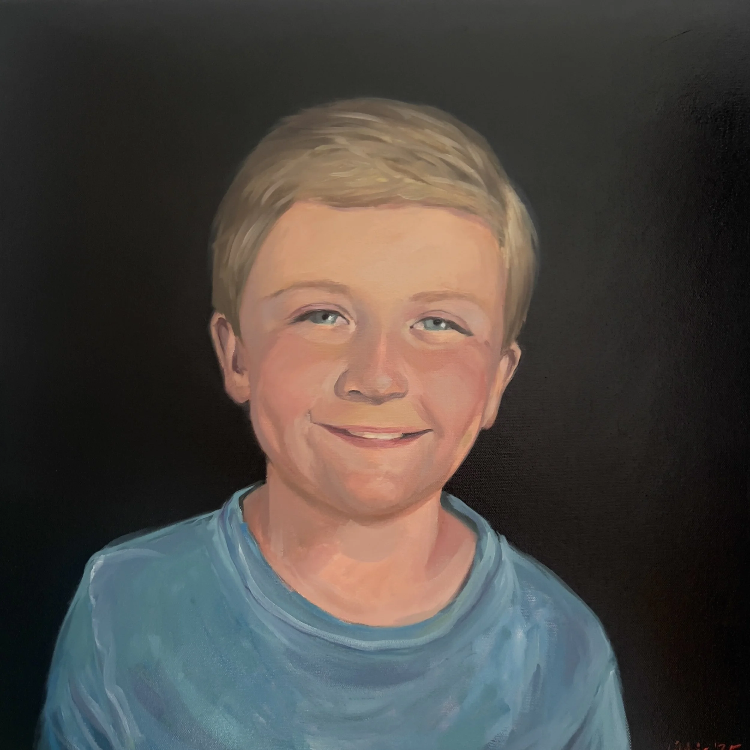 Hand-painted acrylic portrait of a smiling young boy in a blue shirt, created as a custom child portrait commission by Studio LKP.