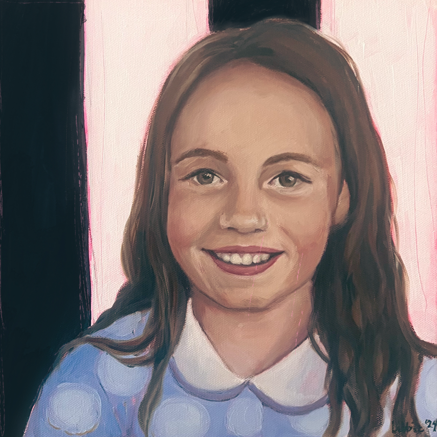 Custom acrylic portrait of a young girl with long brown hair wearing a white-collared dress, painted from a family photograph by Studio LKP.