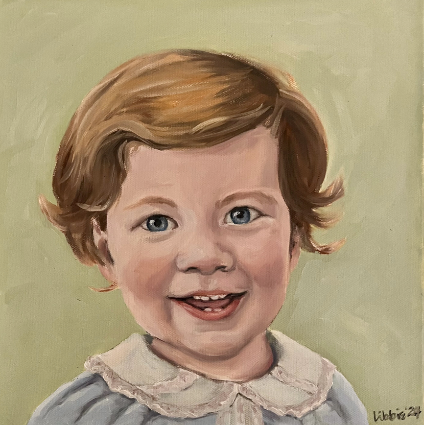 Original acrylic portrait of a smiling toddler wearing a light blue outfit, painted from a treasured family photograph.