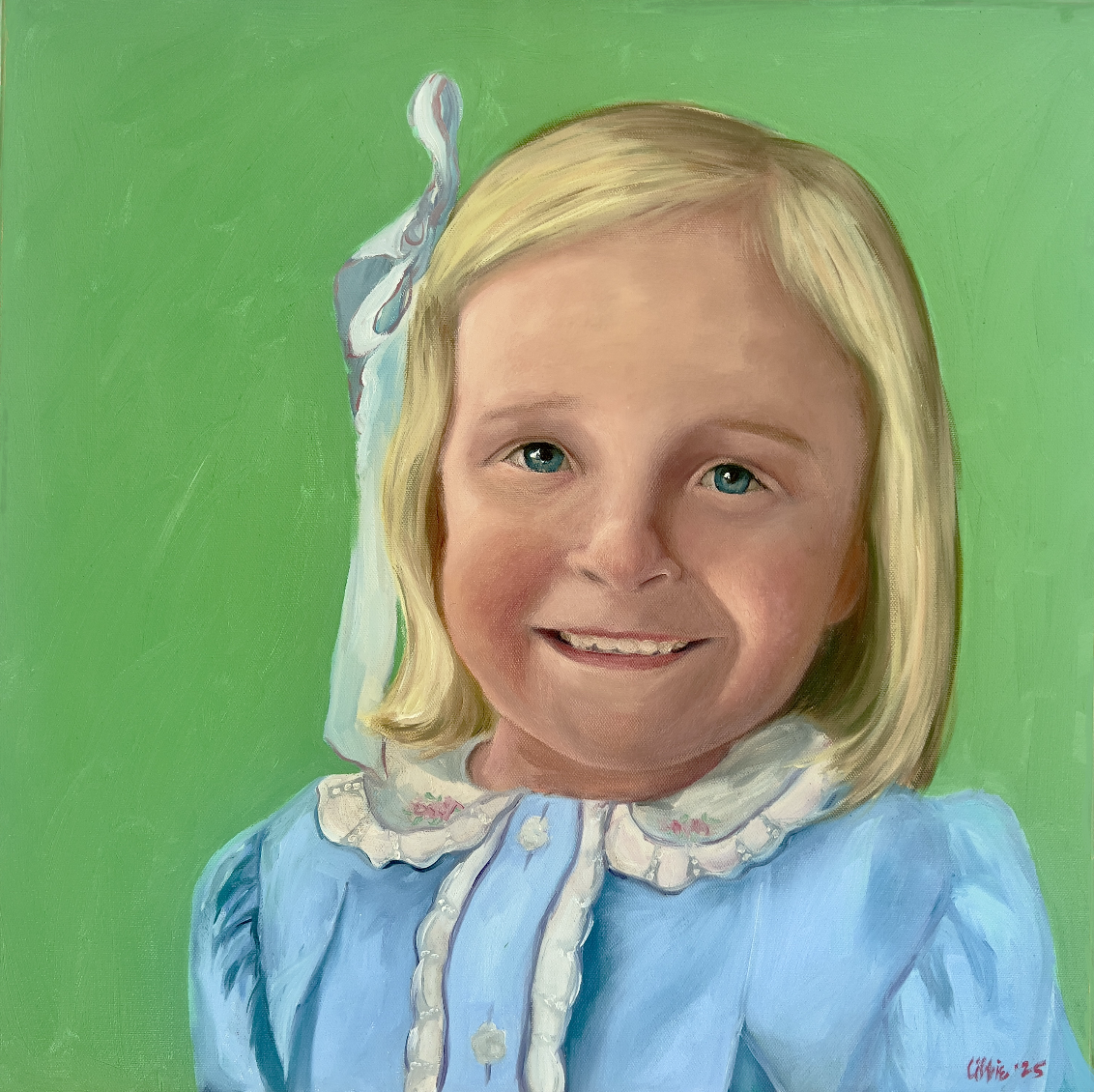 Hand-painted acrylic portrait of a young blonde girl wearing a blue dress, created as a custom childhood keepsake portrait.