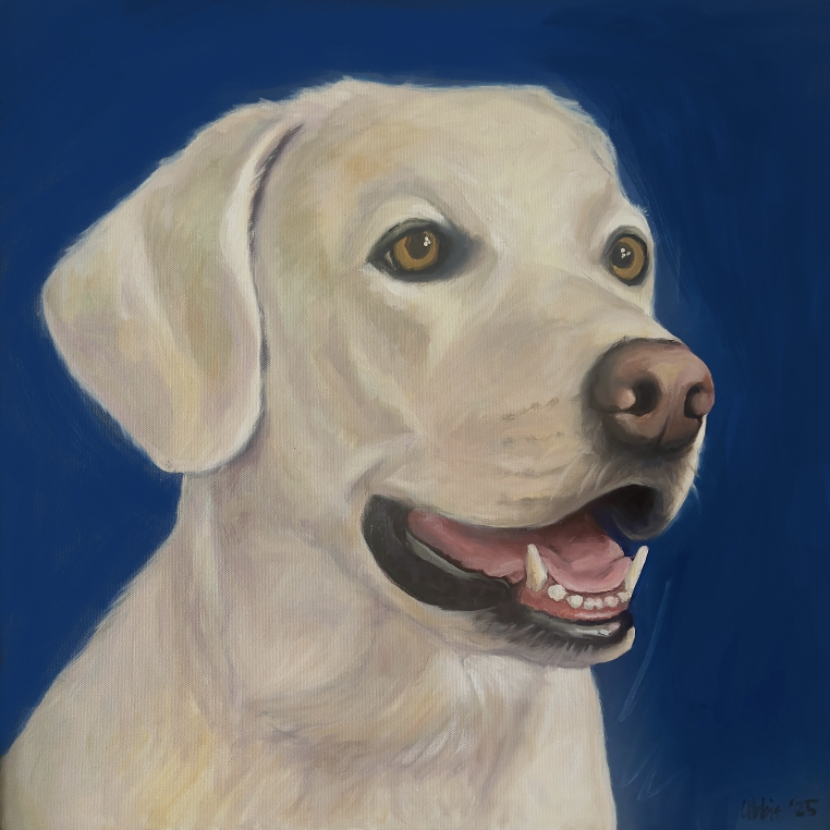 Hand-painted acrylic pet portrait of a yellow Labrador Retriever, created as a custom dog portrait commission by Studio LKP.