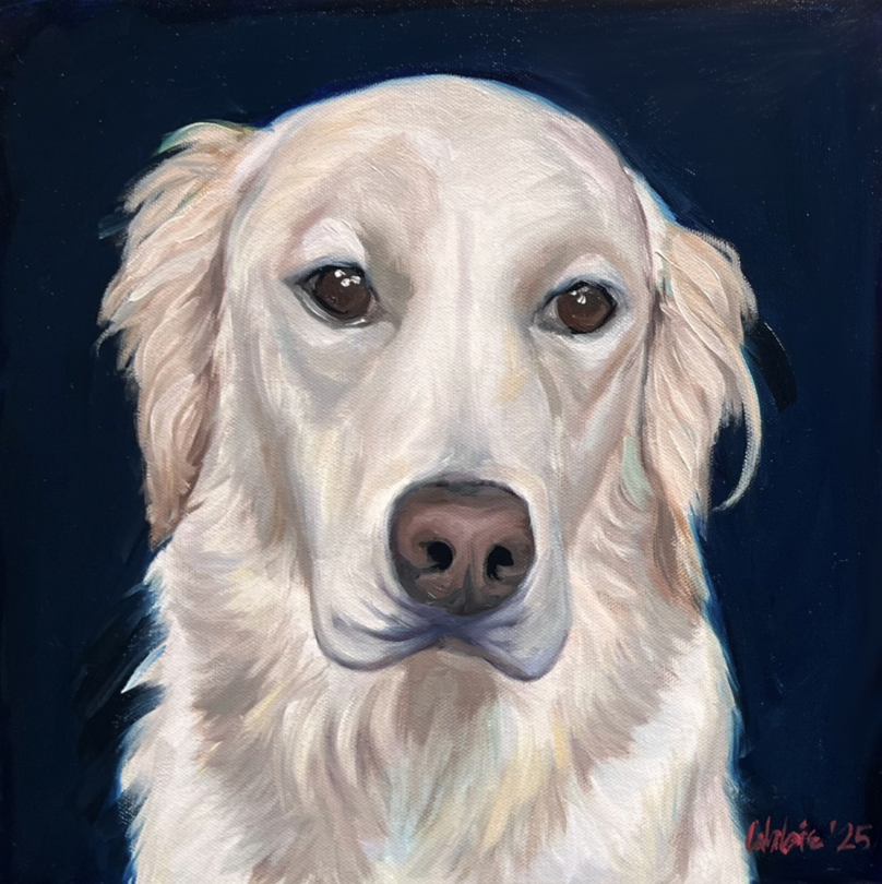 Custom acrylic portrait of a cream-colored Golden Retriever on a dark background, celebrating the personality and beauty of a beloved family pet.