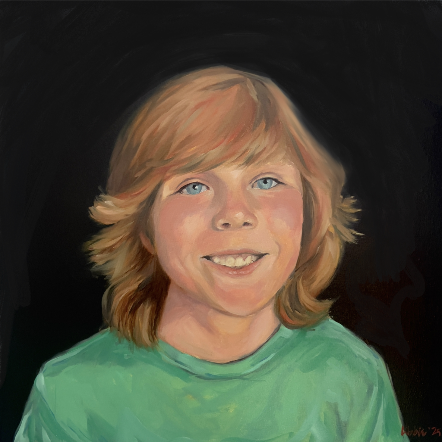 Custom acrylic portrait of a smiling young boy with blonde hair and blue eyes, painted from a cherished childhood photograph by Studio LKP.