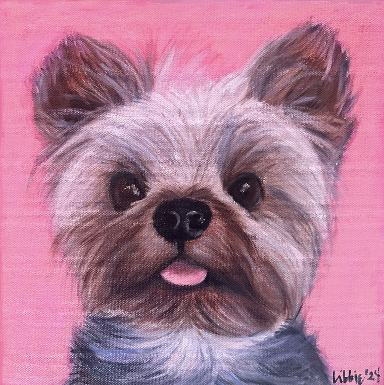 Custom acrylic portrait of a Yorkshire Terrier with a pink background, painted from a favorite photograph as a personalized pet portrait.