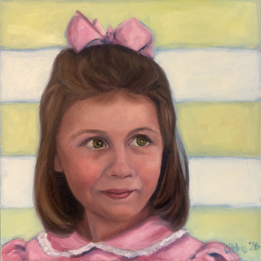 Original acrylic child portrait of a young girl wearing a pink dress and matching bow, painted from a cherished childhood photograph.