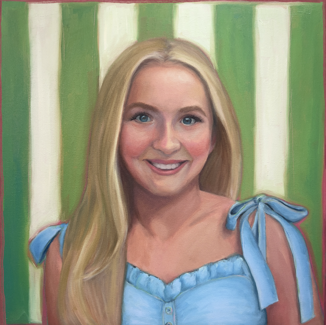 Hand-painted acrylic child portrait of a smiling blonde girl in a blue dress with a green striped background, created as a custom portrait commission by Studio LKP.