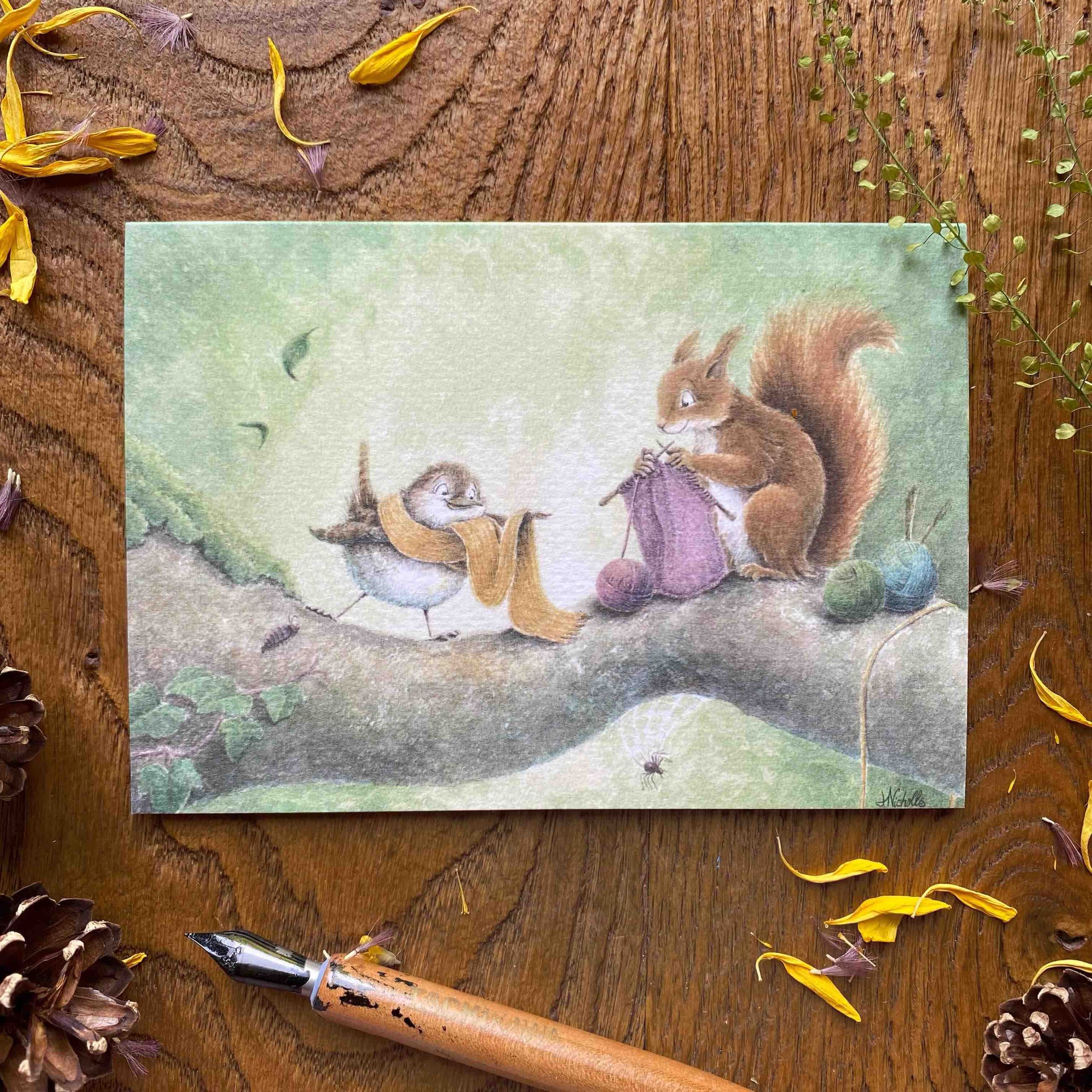 Knitting Squirrel & Wren Greeting Card