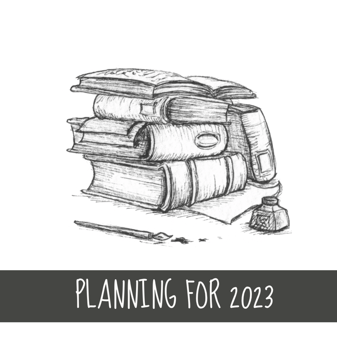 blog-cover-image-with-a-grey-banner-and-title-Planning-For-2023-with-an-illustration-of-a-pile-of-books-and-writing-ink