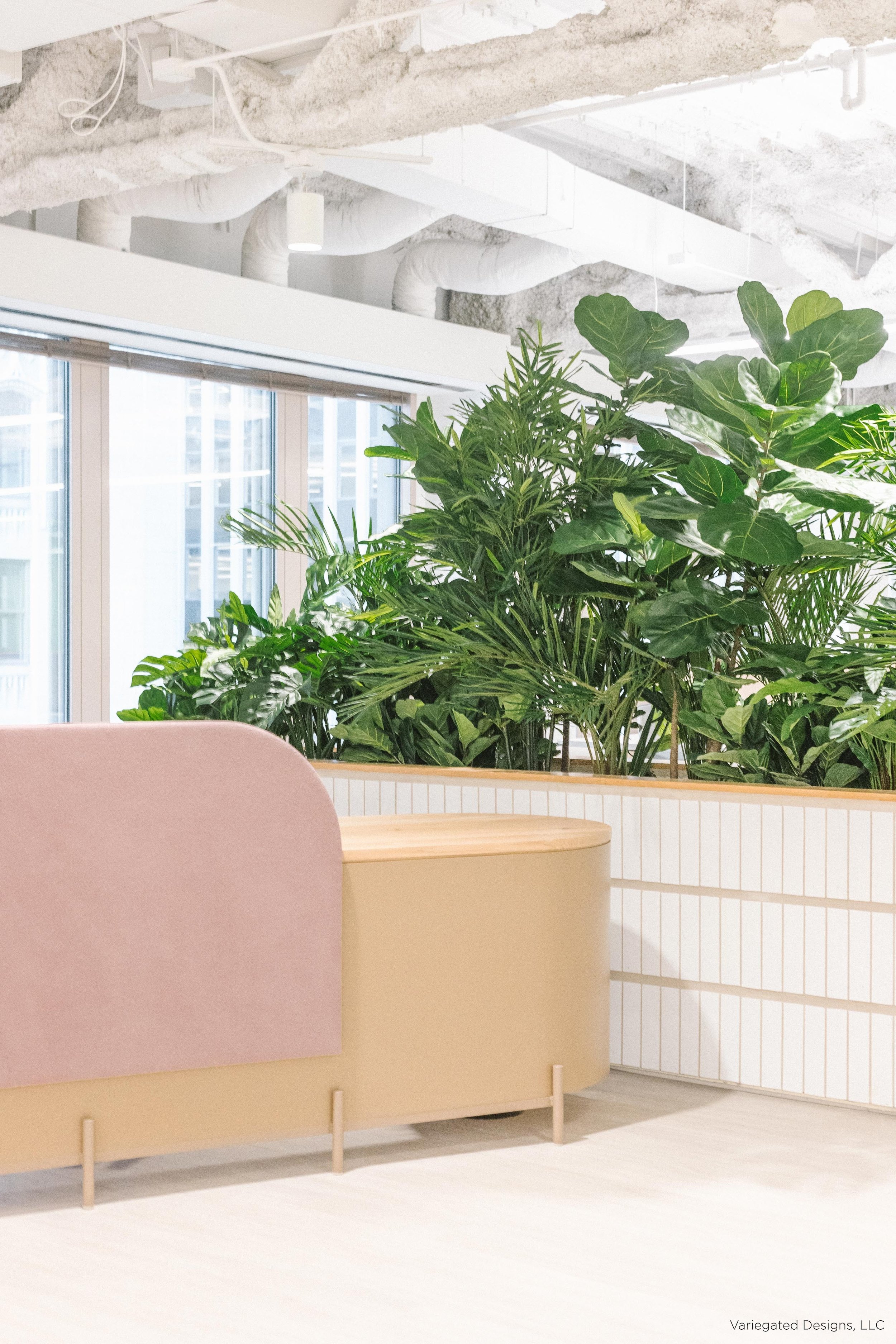 Reception desk: oak top + fabric upholstered shroud + steel post legs + fabric modesty panel
