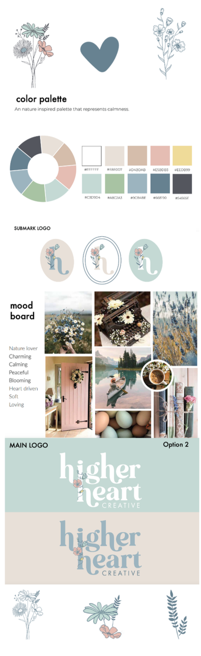 Design mood board and color palette featuring floral illustrations, a heart icon, a circular color chart with beige, light pink, soft yellow, and blue shades, logos with flower and letter 'L' motifs, a photo collage with flowers, a boat on a lake, a pink door, and eggs, and text displaying 'higher heart creative' in two different styles.