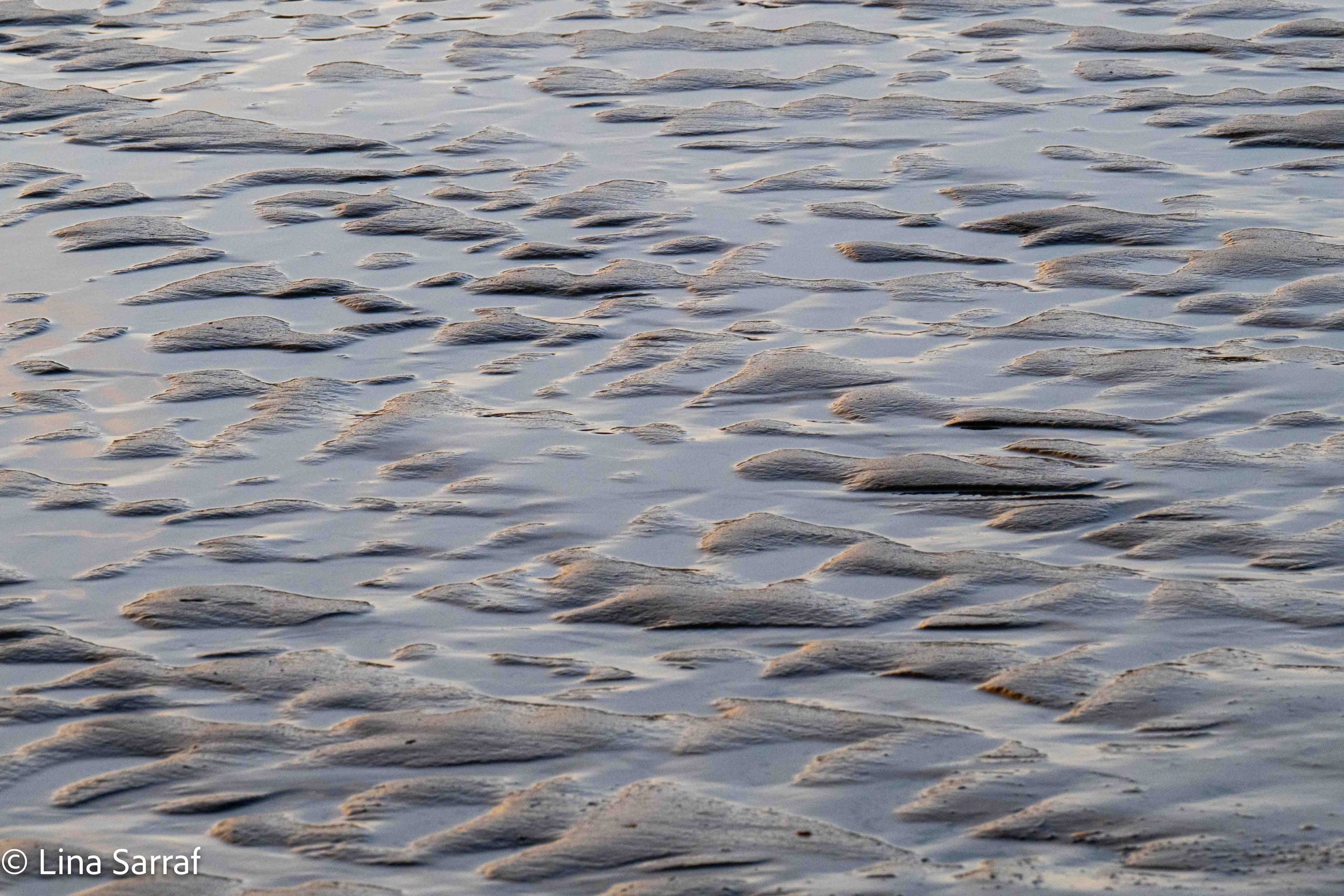 Close-up of wet sand with shallow water and ripples on the surface.