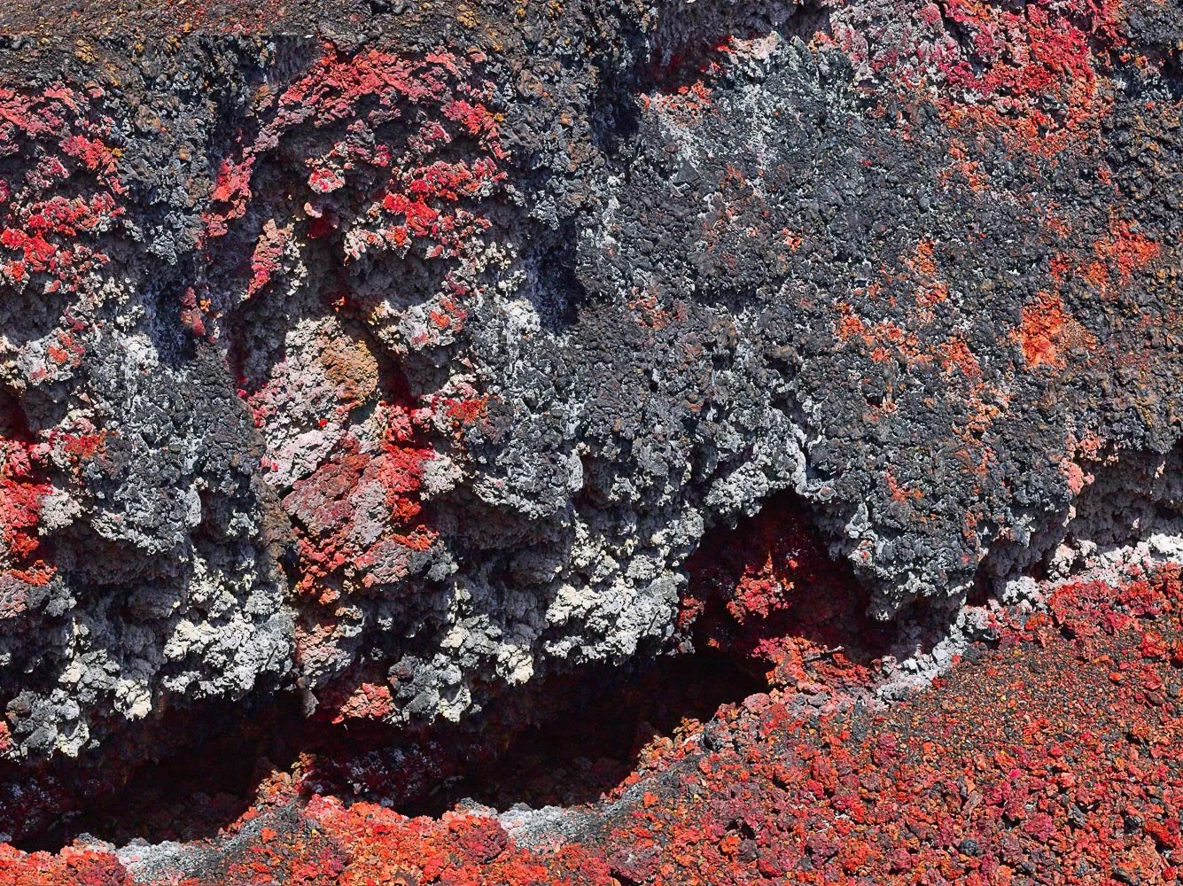 Close-up of volcanic rocks with reddish and grayish patches.