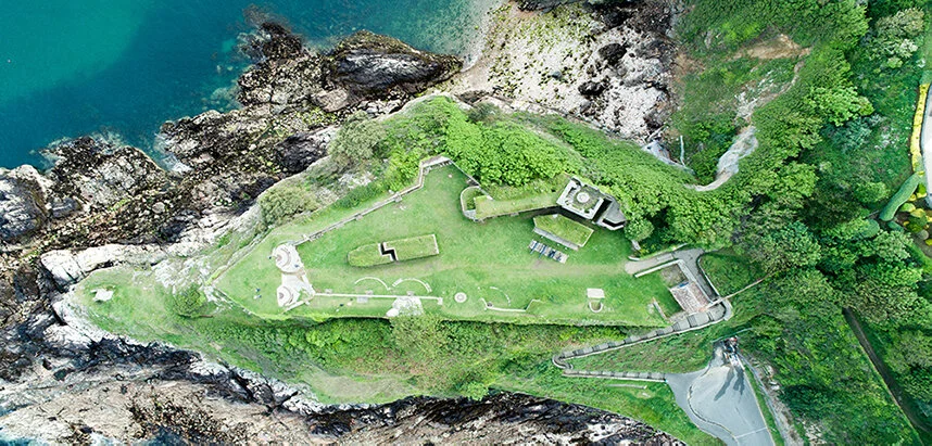 Aerial view of Clarence Battery in Guernsey with historic fortifications