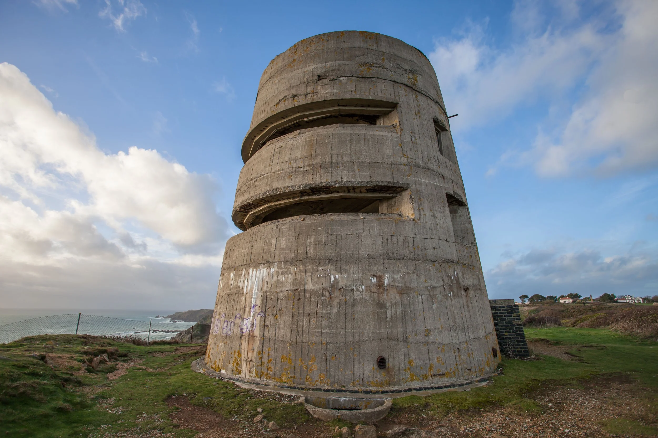 Large round concrete German tower in Guernsey, coastal historic site